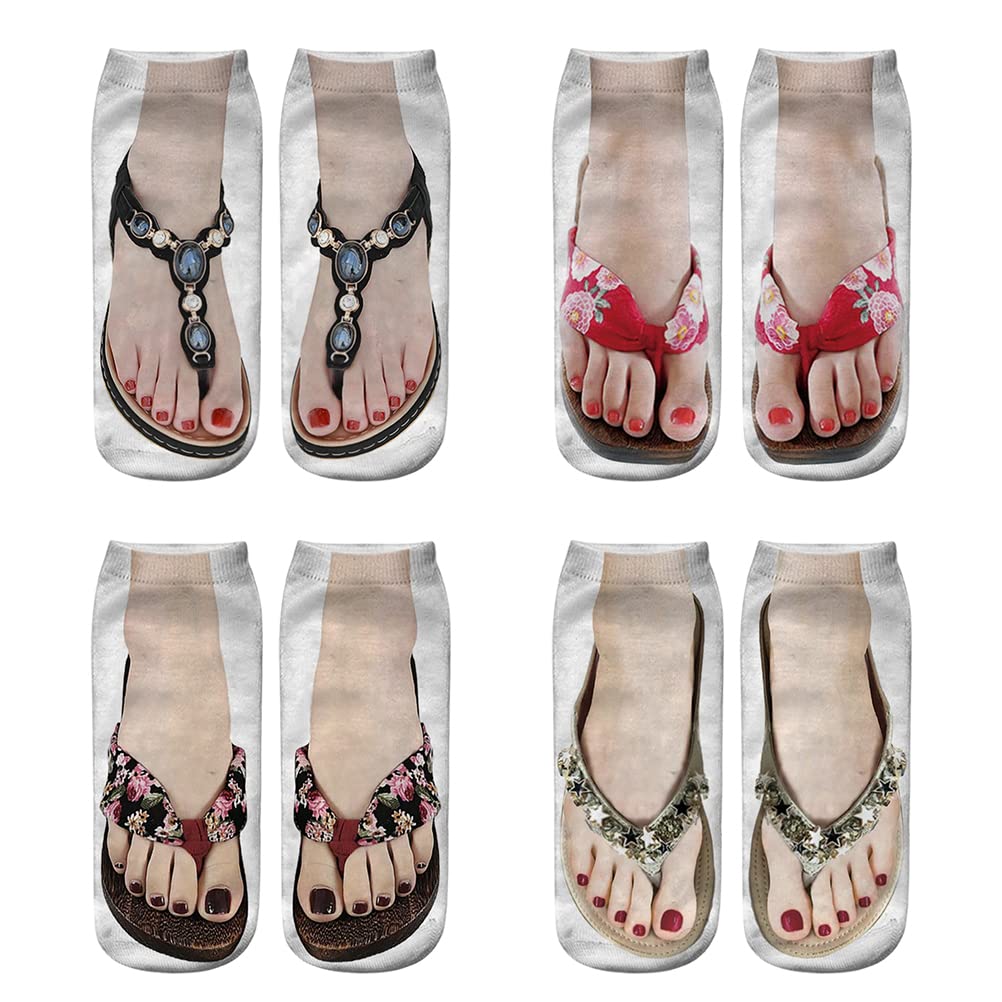 4 Pairs 3D Vivid Flip Flop Print Socks - Breathable Low Cut Ankle Socks for Women | Invisible No Show Boat Socks | Funny Novelty Yoga Running Socks for Girls - Perfect for Summer, Beach, Gym & Casual Wear