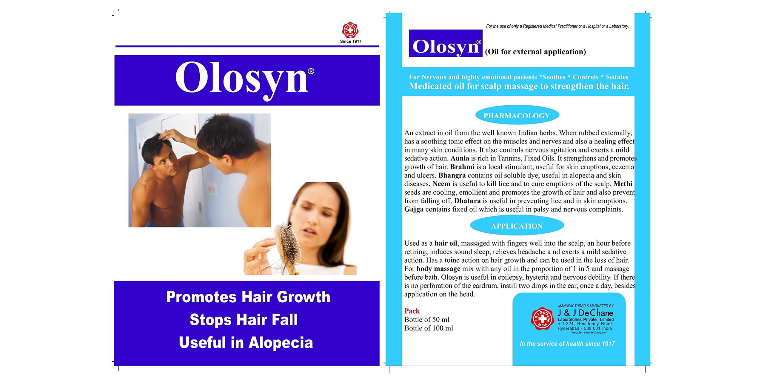 J & J DeChane - Olosyn 50ML Ayurvedic Hair Oil for Hair Growth & Scalp Care | Natural Herbal Treatment for Dry, Damaged Hair | Promotes Thickness & Shine - Perfect for Daily Hair Care Routine
