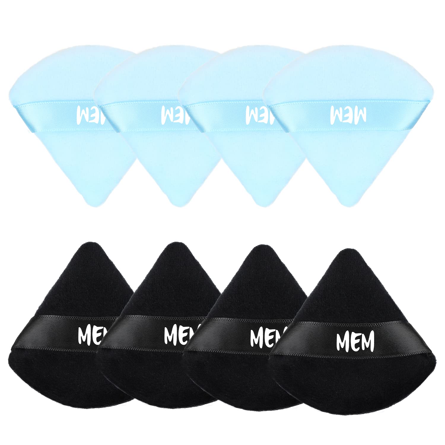 8-Piece MEM Triangle Powder Puff Set - Soft Velour Makeup Sponges for Loose & Pressed Powder Application (Wet/Dry Use) | Skin-Friendly Beauty Blenders with Satin Ribbon Handle | Perfect for On-the-Go Touchups & Professional Makeup Application