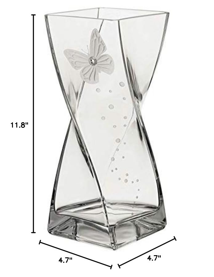 **Handmade Large Glass Butterfly Vase with Swarovski® Crystal & Sandblasted Design - 11.8 Inch (30cm) Elegant Home Decor - Perfect for Wedding, Anniversary, or Luxury Gift in Golden Gift Box**