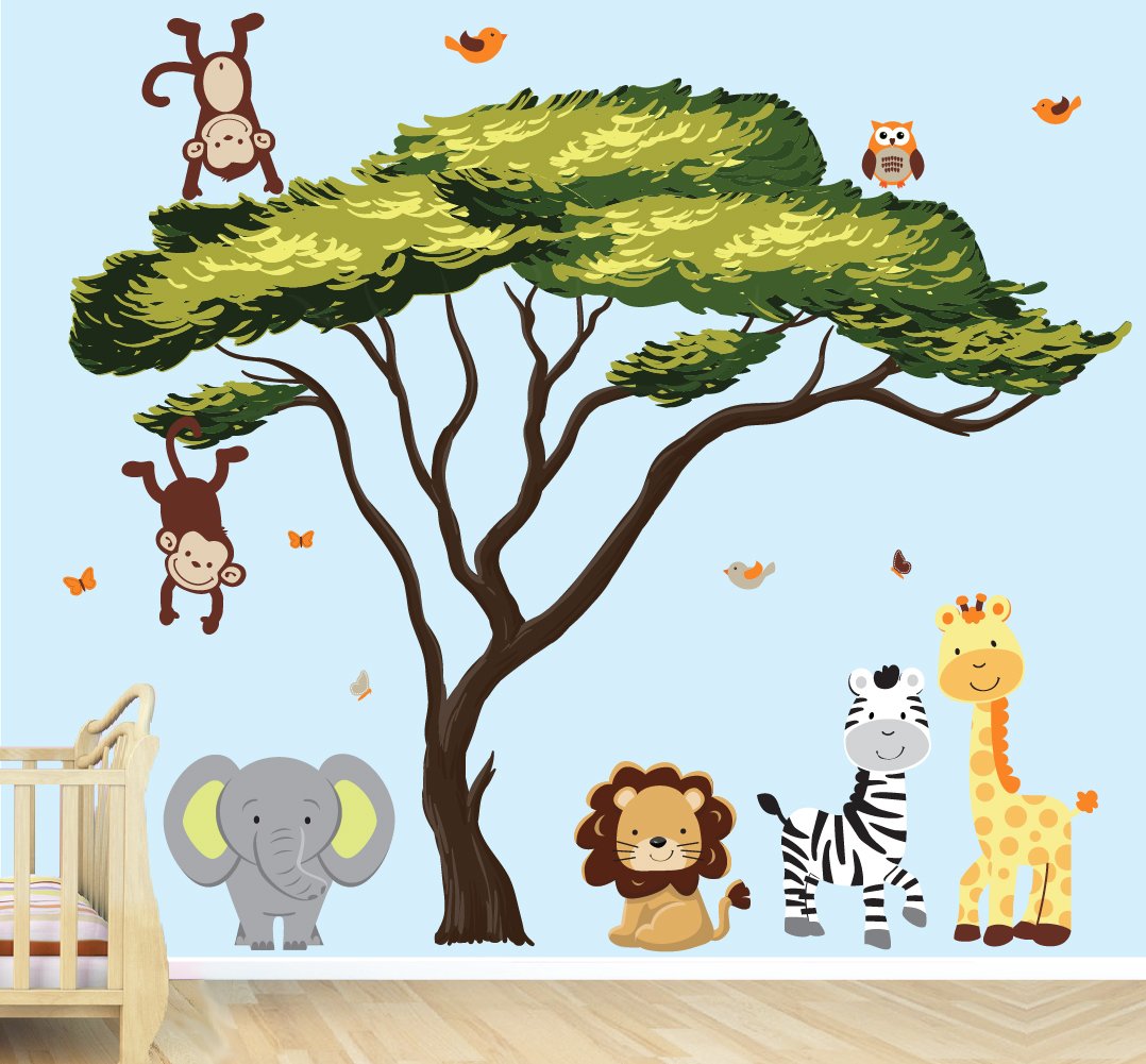 Large Jungle Tree Wall Decal with Green Leaves - African Safari Tree with Pride Animals - Perfect for Nursery, Kids Room, and Wildlife Themed Decor