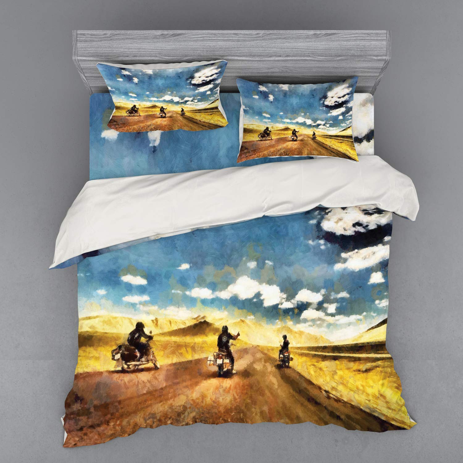 Ambesonne Country Duvet Cover Set - 4 Piece King Size Bedding with Motorcycle Adventure Artwork, Includes Shams & Fitted Sheet, Vibrant Multicolor Design | Perfect for Biker Enthusiasts, Country-Themed Bedrooms & Adventure Travel Decor