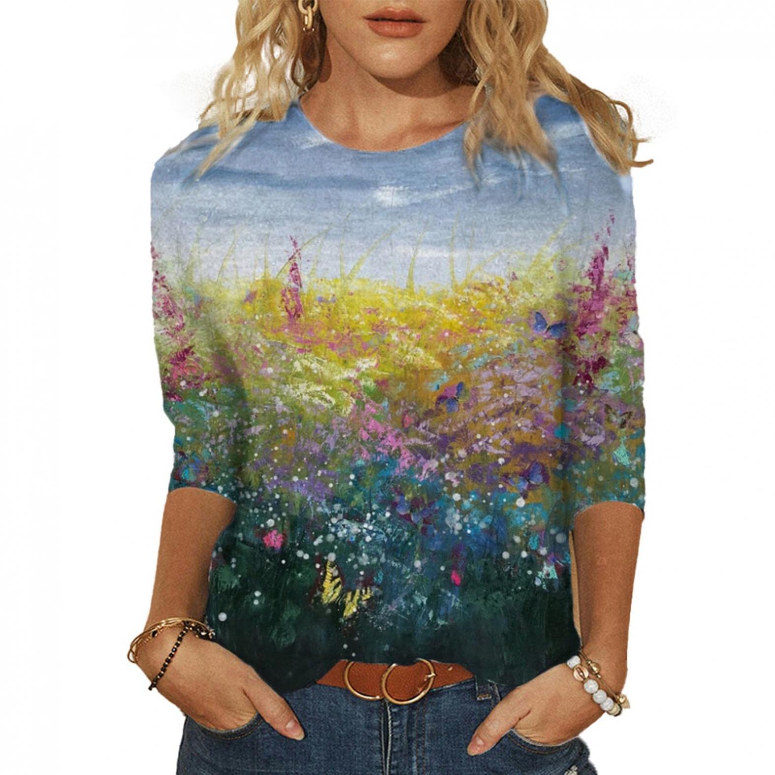 FABIURT Women's 3/4 Sleeve Butterfly Print T-Shirt - Casual Loose Lightweight Blouse Top for Everyday Wear, Office & Spring Outfits
