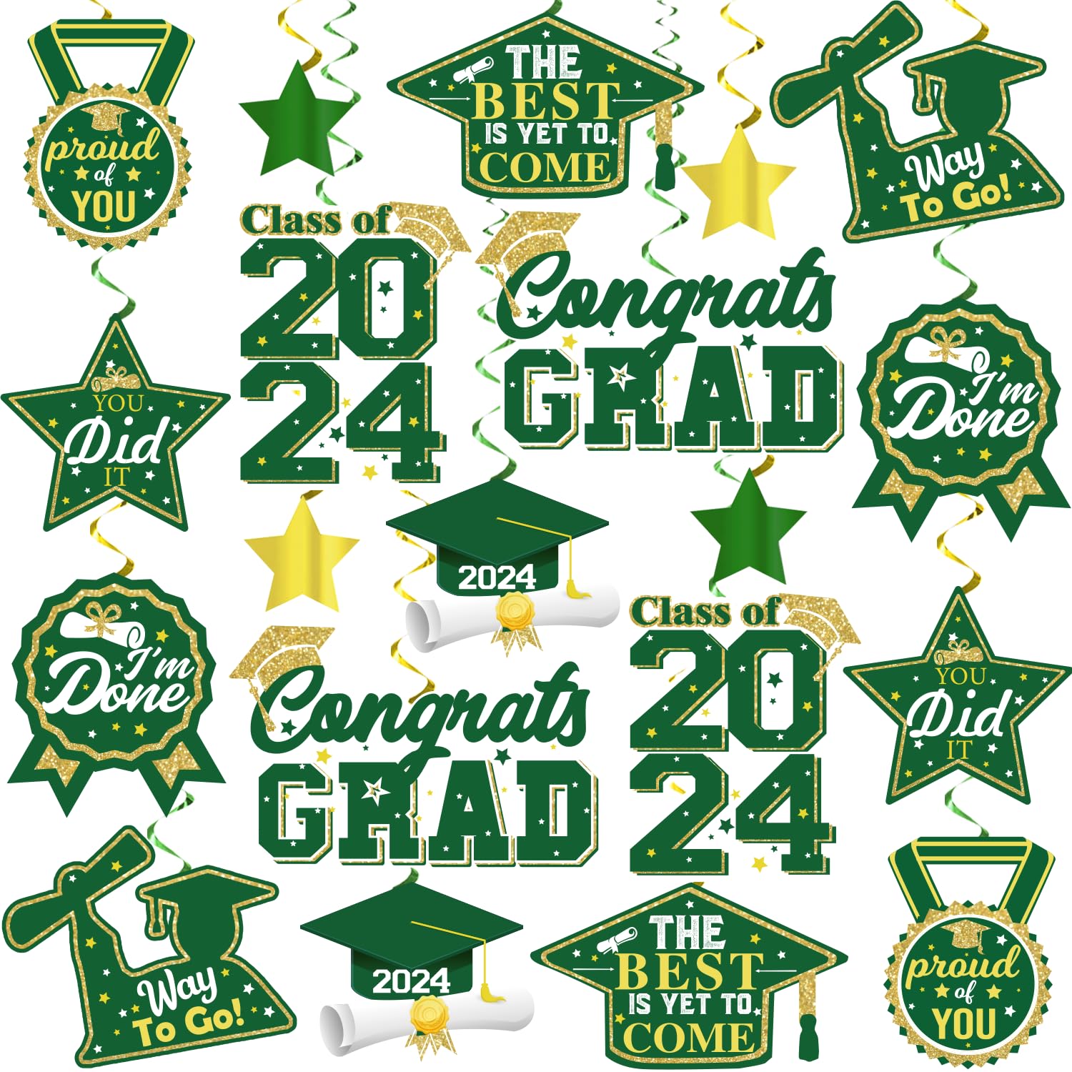 40Pcs Green and Gold Graduation Party Decorations 2024 - Graduation Hanging Swirls, Balloons & Banner Set for Graduation Ceremony, Photo Booth Backdrop & School Celebration Decor
