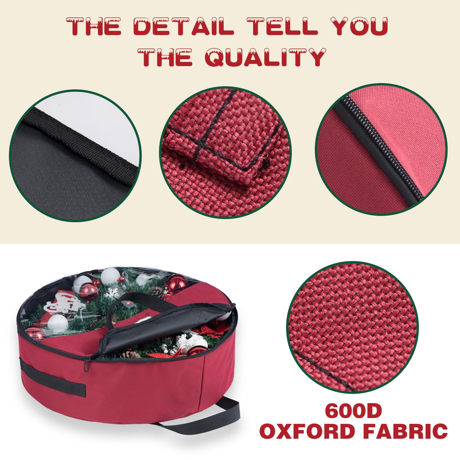 600D Heavy Duty Christmas Wreath Storage Bag - 36 Inch Extra Large Wreath Organizer Box with Clear Window & 3 Handles, Dual Zipper Holiday Decoration Storage Container (Red) - Perfect for Storing Artificial Wreaths, Garlands & Seasonal Decorations Safely