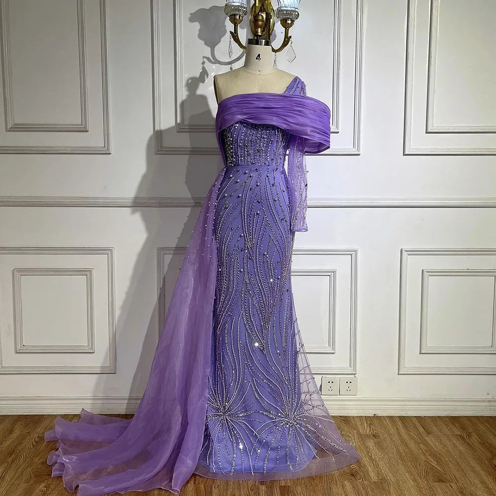 Elegant Purple Arabic Evening Dress with Side Train & Pearls - One Shoulder Formal Gown for Women | Perfect for Prom, Wedding & Special Occasions | 2025 LA72332A