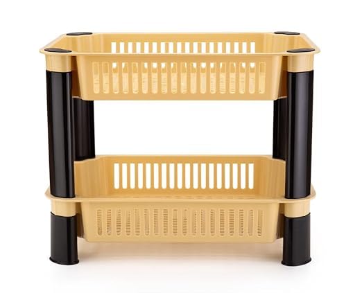 FLYUP 2-Tier Kitchen Organizer Shelf - Slide Out Storage Basket for Vegetables, Fruits, Onions - Space Saving Beige Rack for Pantry, Office & Countertop Organization