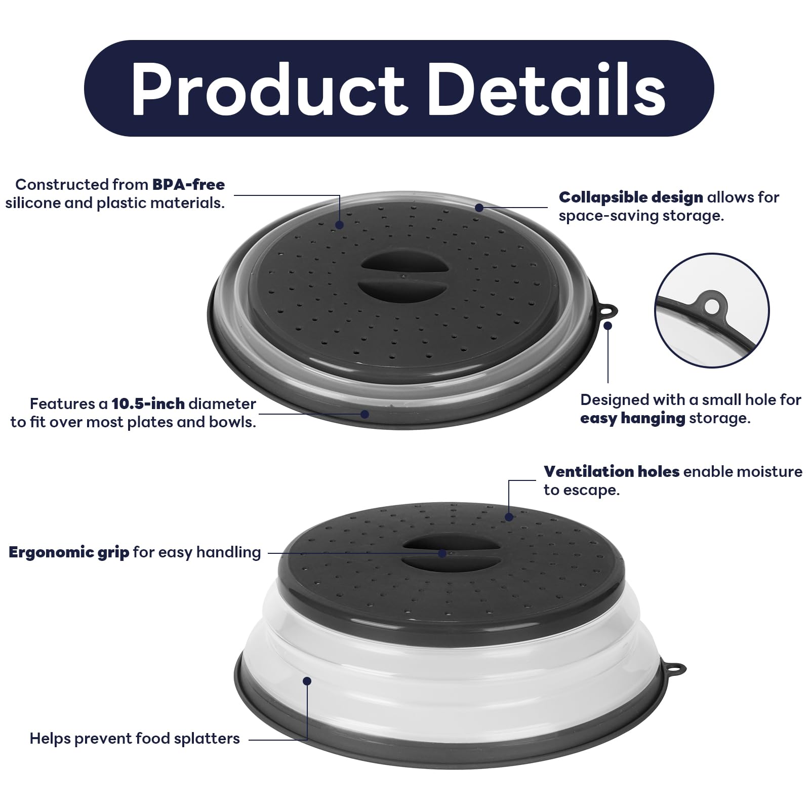 Microwave Splatter Cover - Black Food Cover for Microwave Oven, Medium Size Plate Lid | Prevent Mess & Keep Food Fresh | Ideal for Reheating Meals, Popcorn & Cooking