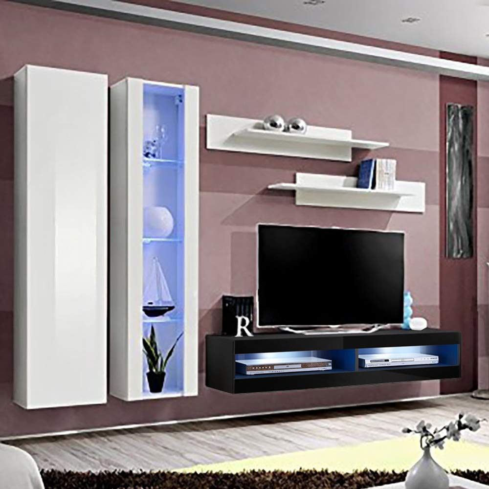 Modern Floating TV Stand with Storage & LED Lights - Wall-Mounted Entertainment Center for Living Room & Bedroom - White/Black A4 34TV Console with Shelves - Perfect for Small Spaces & Home Theater Setup