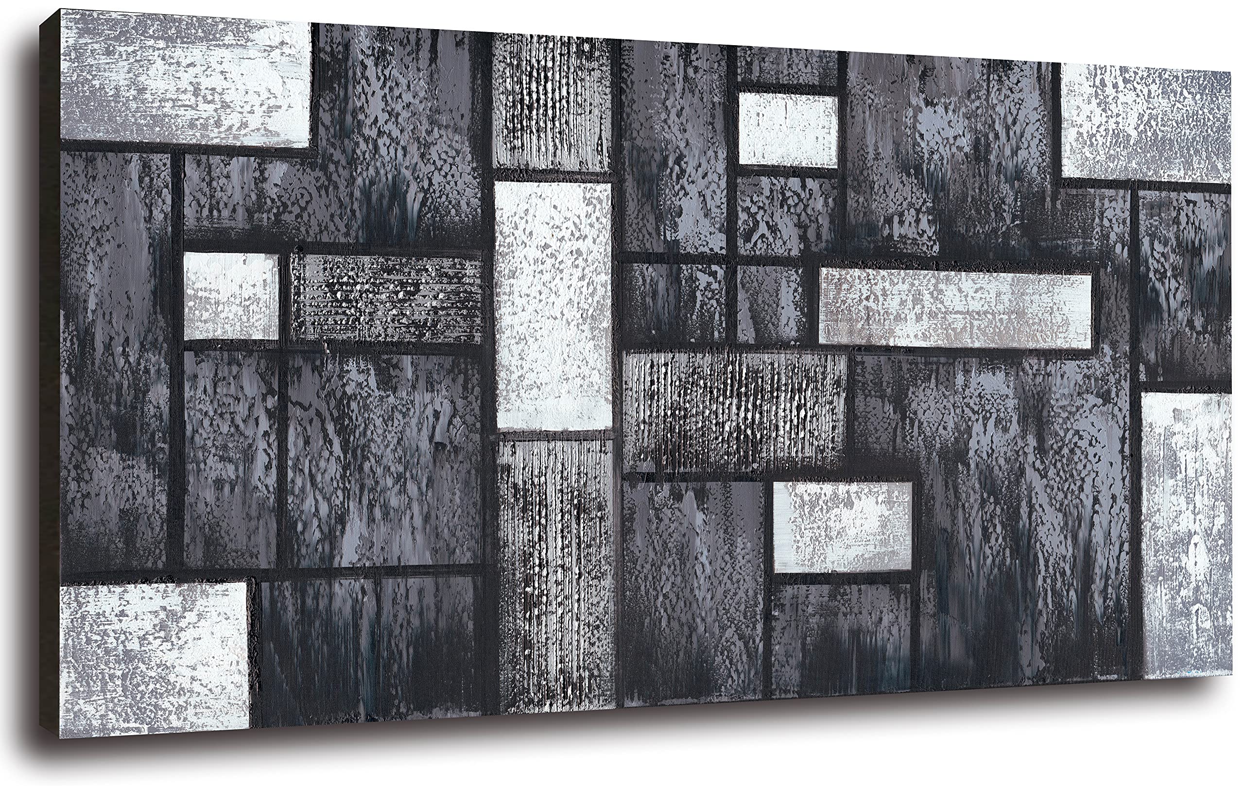 100% Hand-Painted Modern Abstract Oil Painting on Canvas - Black & White Textured Square Wall Art (60x30 Inch) Framed & Ready to Hang - Perfect for Living Room, Bedroom & Office Decor | Contemporary Home & Office Wall Decor