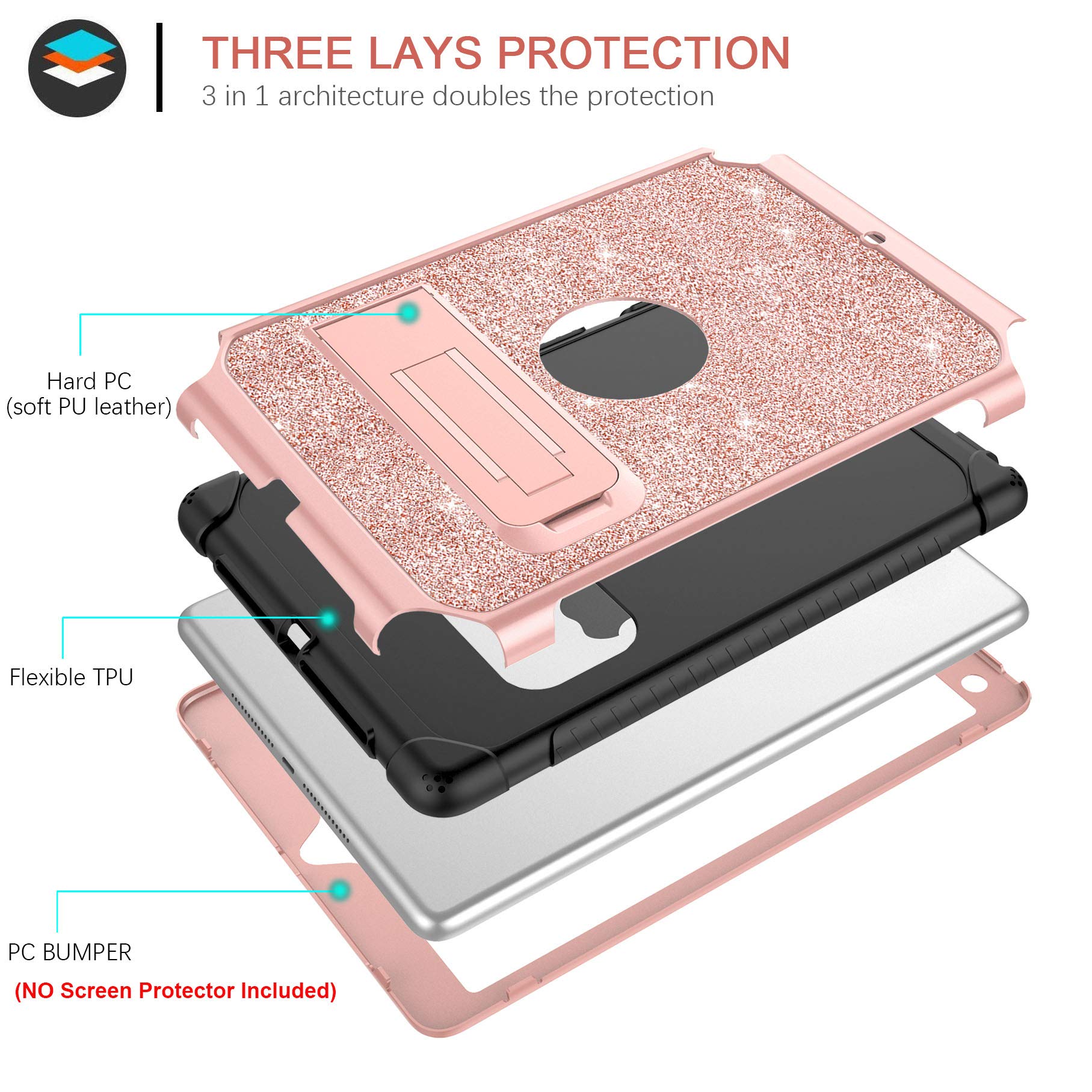 BENTOBEN Glitter Shockproof Case for iPad Air 2 / iPad 9.7 2017 2018 / iPad Pro 9.7 / iPad 5th 6th Generation - 3-Layer Full Body Protective Cover for Women Girls Kids (Rose Gold) - Perfect for School, Travel & Daily Use