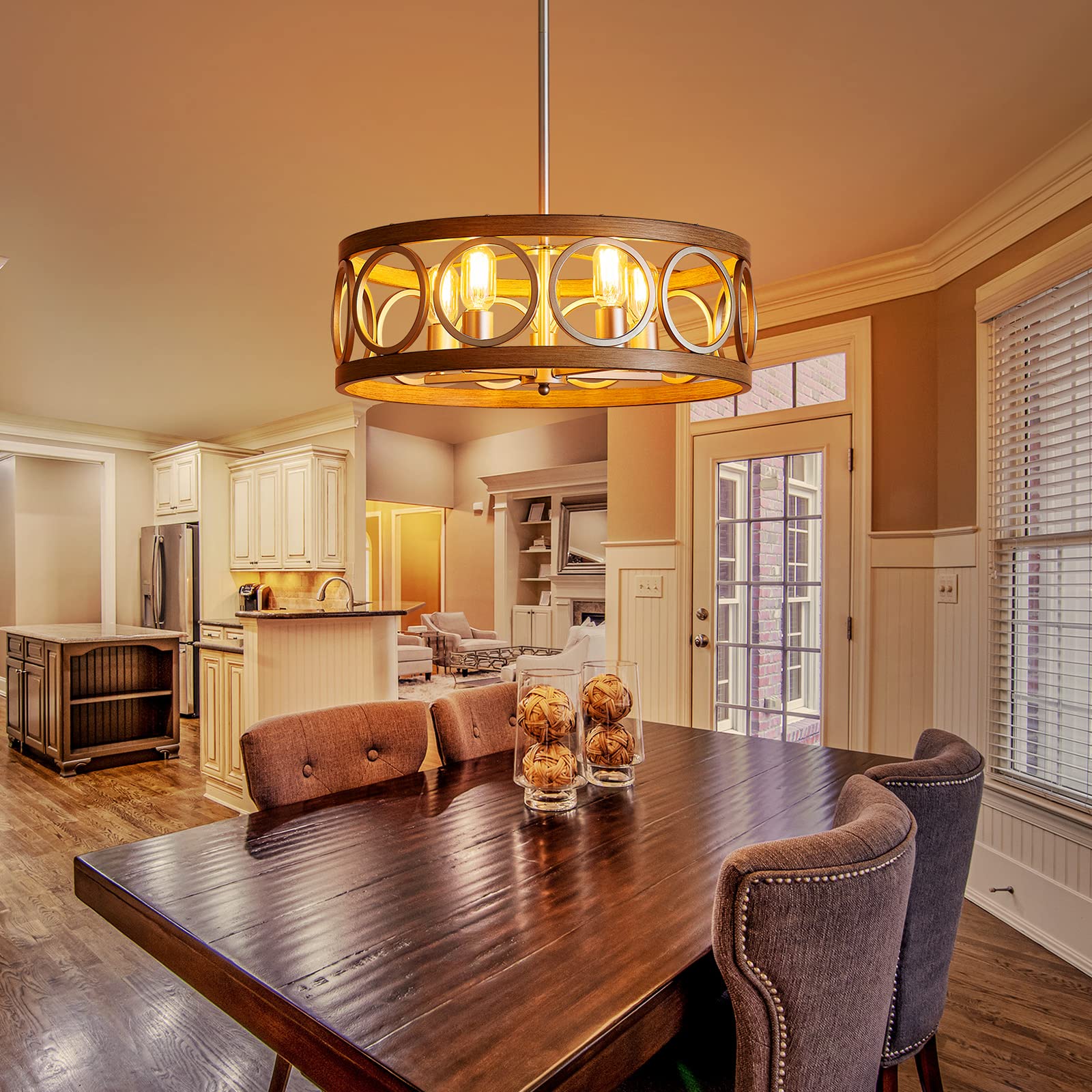 21.7'' Modern Farmhouse Chandelier - 5-Light Drum Ceiling Fixture with Antique Wood Grain & Brushed Nickel Finish - Perfect for Living Room, Dining Room, Kitchen Island or Bedroom Lighting