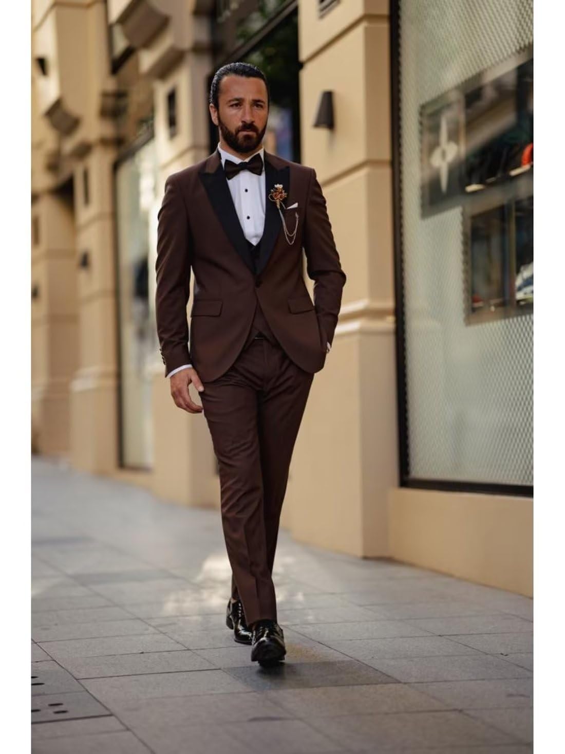 Wangyue Men's Slim Fit 3 Piece Tuxedo Suit - Formal Wedding Groomsmen Suit with Peak Lapel & Bow Tie | Perfect for Prom, Black Tie Events & Special Occasions