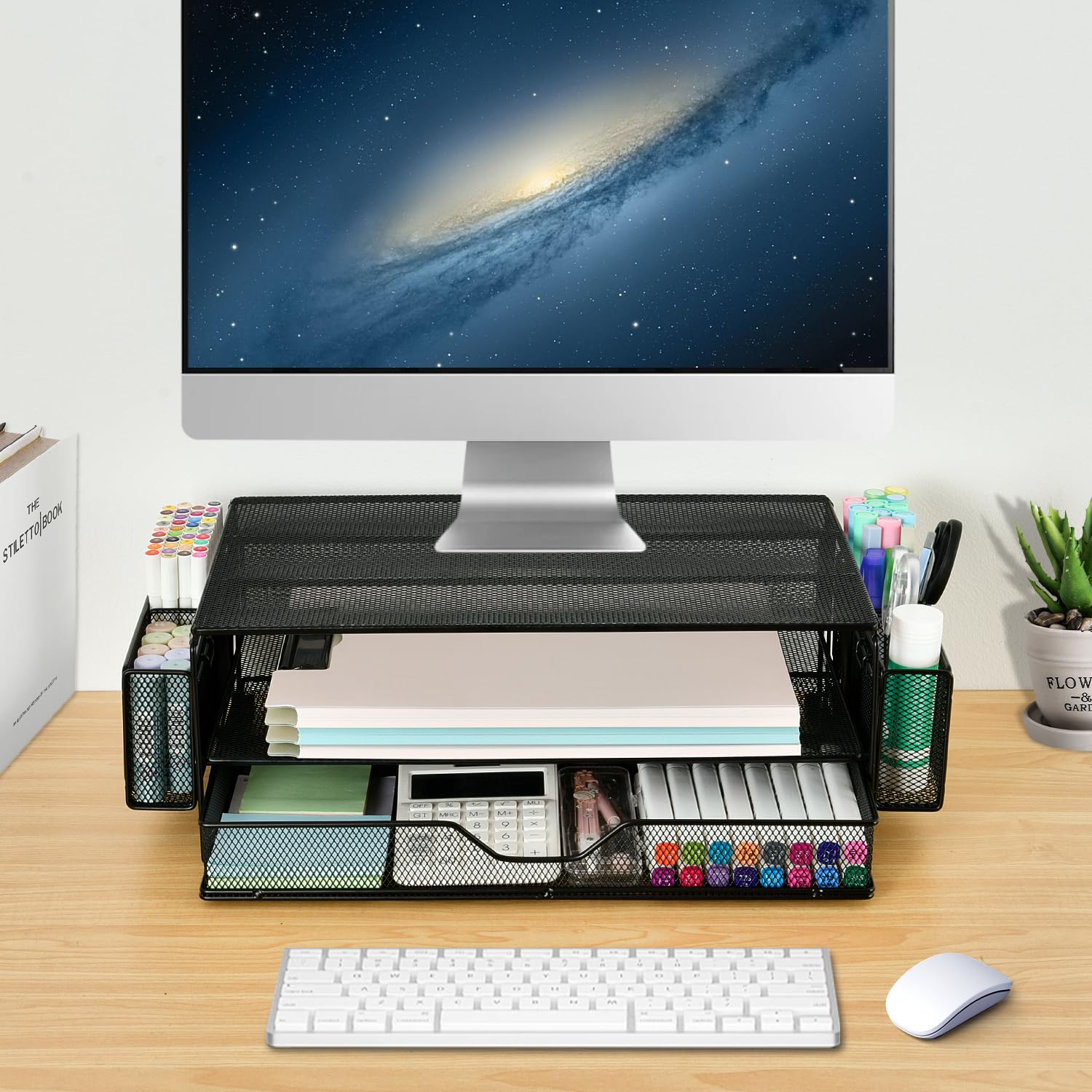 AUPSEN 2 Tier Metal Monitor Stand with Drawer & 2 Pen Holders - Adjustable Computer Monitor Riser, Desk Organizer for Laptop, PC, Printer - Perfect for Home Office, Gaming Setup & Workspace Accessories (Black)