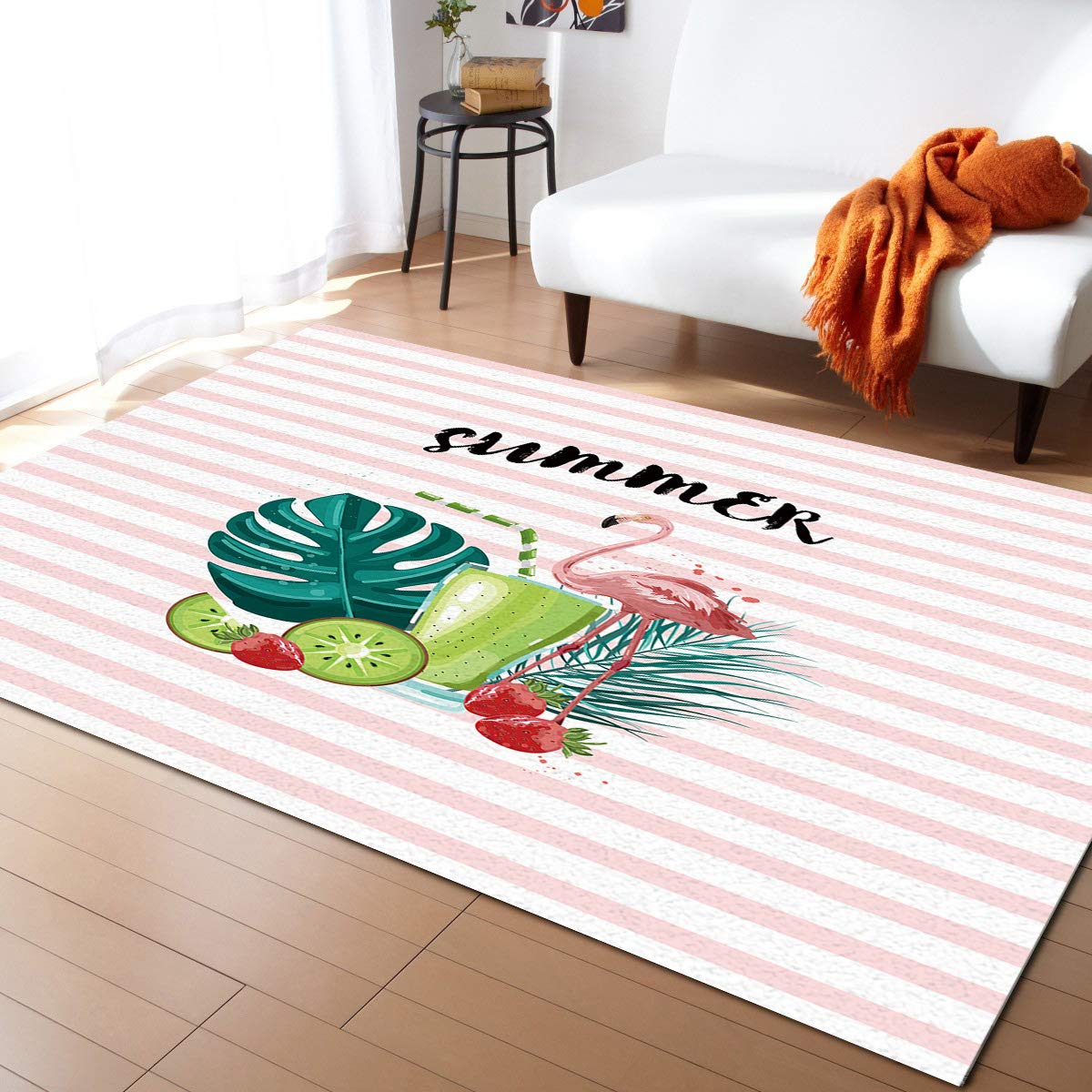 5ft x 8ft Washable Non-Slip Indoor/Outdoor Accent Rug - Tropical Flamingo Pink & White Stripes Bathroom Mat for Front Door, Bedroom, Kitchen | Summer Decor, Living Room Floor Carpet, Patio Area Rug
