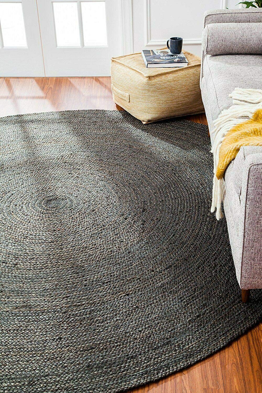 Handwoven Black Jute Round Area Rug - 9x9 Feet Farmhouse Style Braided Rug for Living Room, Bedroom, Kitchen | Eco-Friendly Natural Fiber Floor Mat for Boho Decor, Cozy Home & Pet-Friendly Spaces