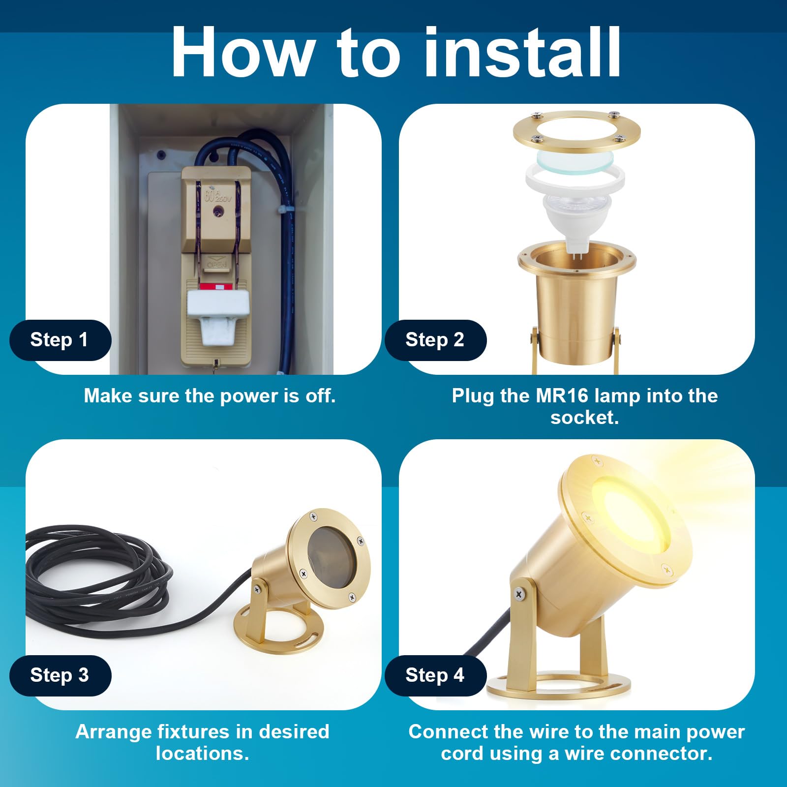 4 Pcs Solid Brass Waterproof LED Underwater Pond Lights - 7W MR16 Bulb Submersible Lights for Pools, Fountains & Outdoor Water Features - Durable, Watertight Brass Color Lighting for Gardens & Landscapes