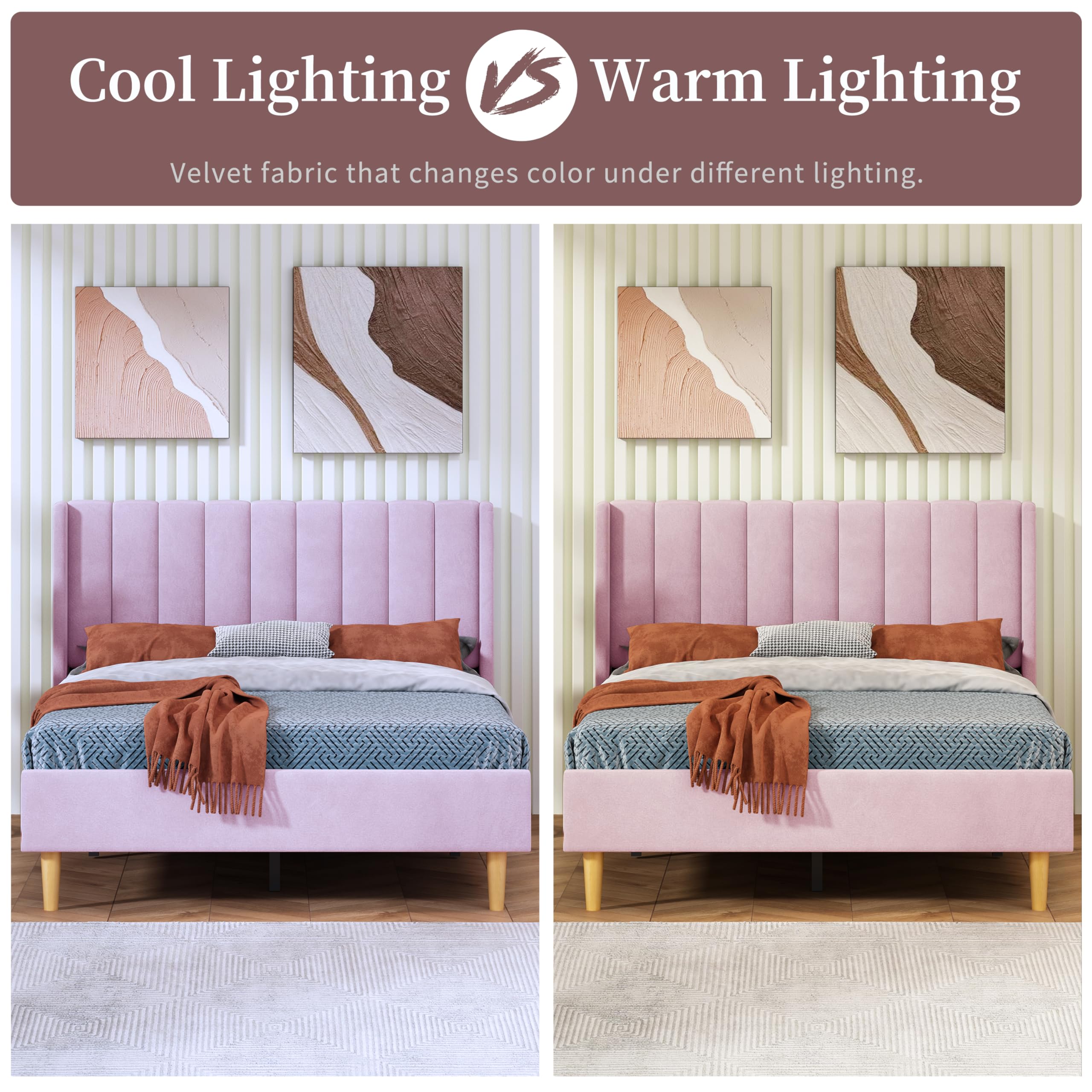 Pink Upholstered Platform Bed Frame - Full Size, No Box Spring Needed for Bedroom
