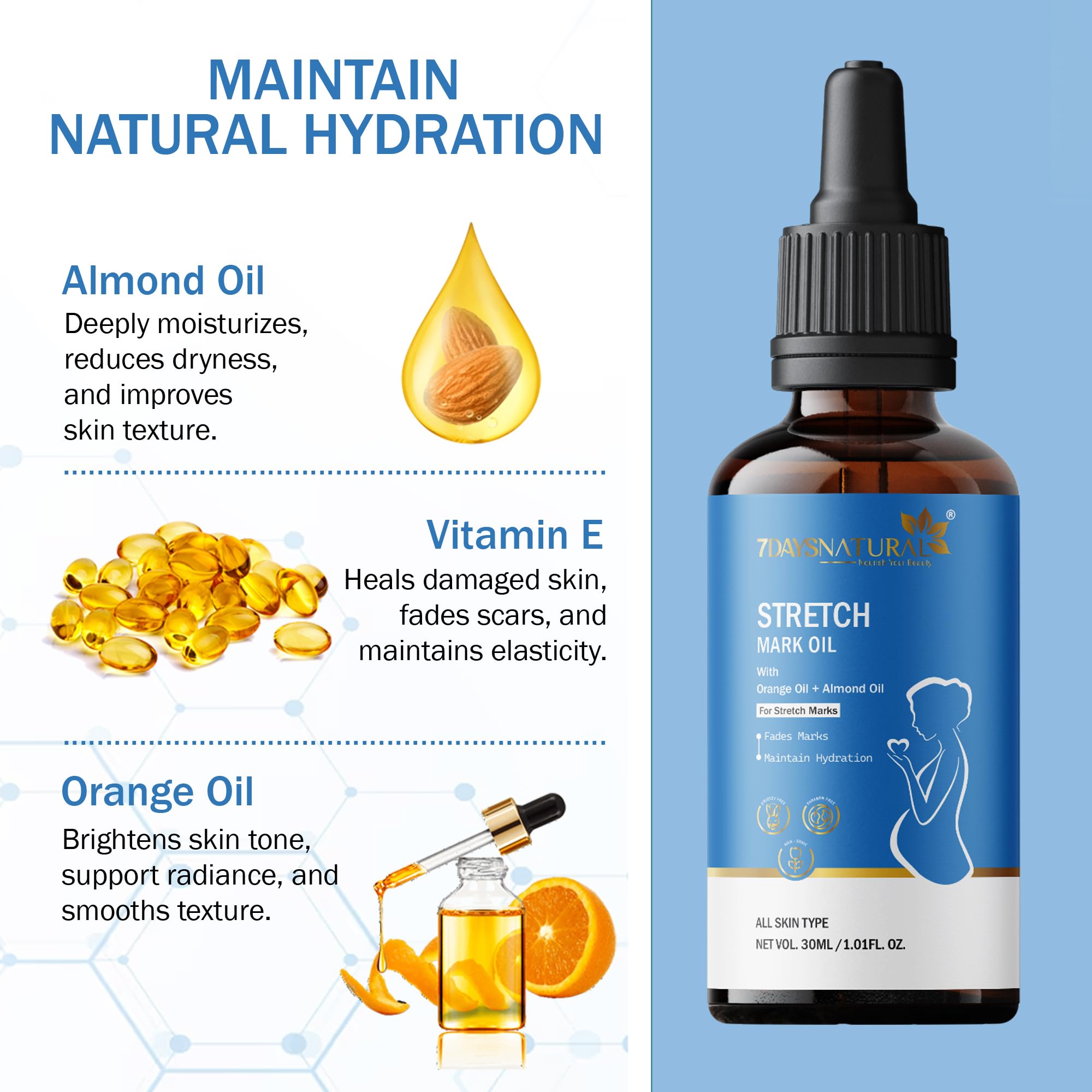 7DAYSNATURAL Pregnancy Stretch Mark Oil - Coconut & 9 Botanical Oils Blend for Elasticity & Scar Fading (30ml) | Safe for Expecting Moms & Postpartum Care | Perfect for Belly, Hips & Thighs During Pregnancy & Weight Loss