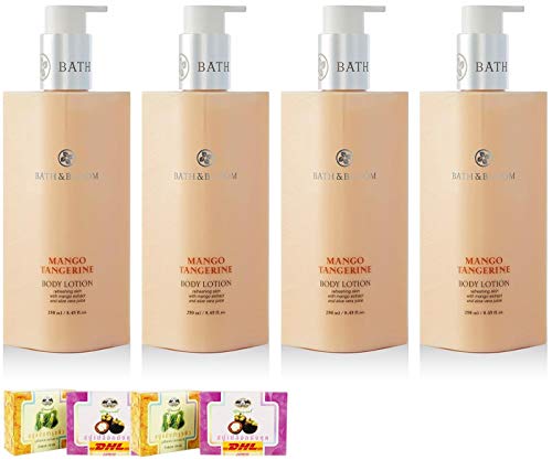 Mango Tangerine Body Lotion 250ml - 4 Pack Value Set | Hydrating & Nourishing Moisturizer for Dry Skin | Bath & Bloom Thailand | Free Tomato Facial Mask Included | Perfect for Spa Days & Daily Skincare Routine