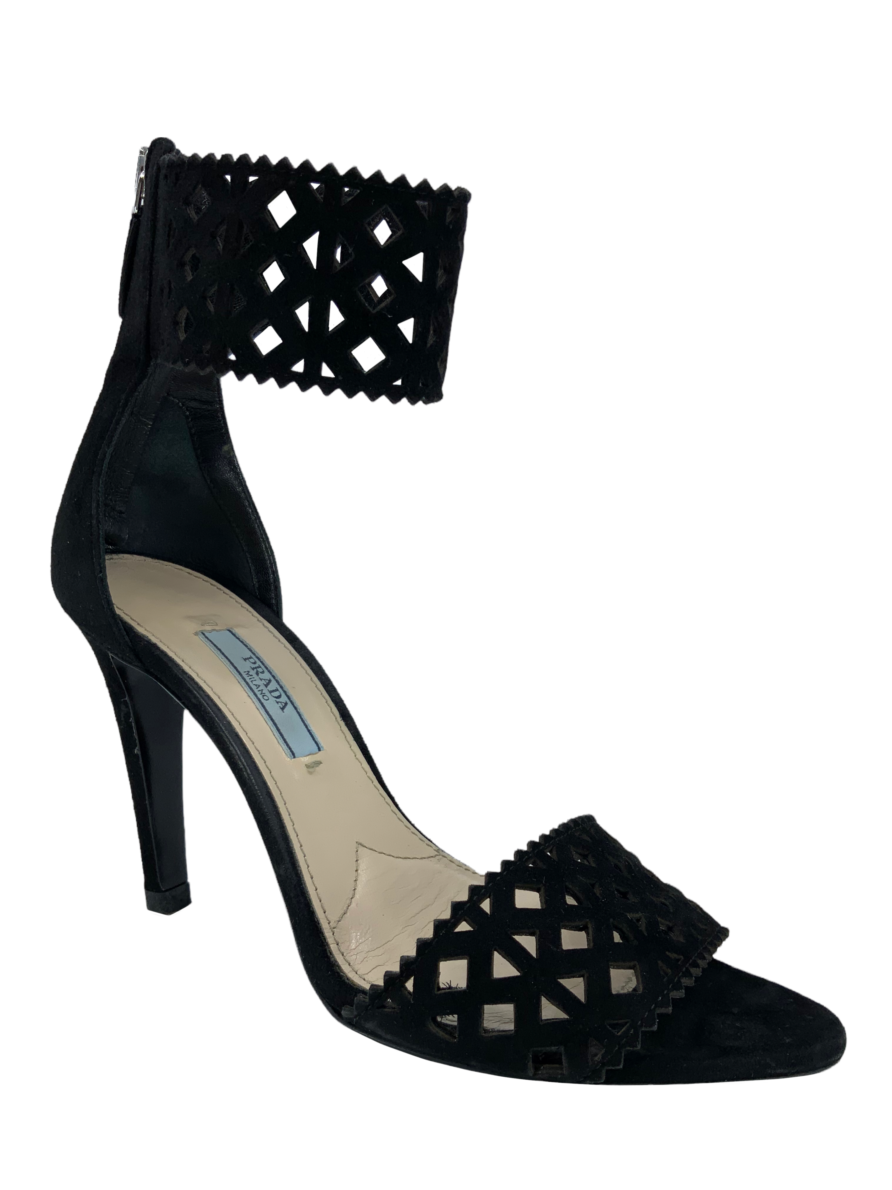 Prada Camoscio Suede Laser Cut Sandals Women's Size 6.5 - Luxury Designer Summer Shoes for Weddings, Parties & Beach Vacations