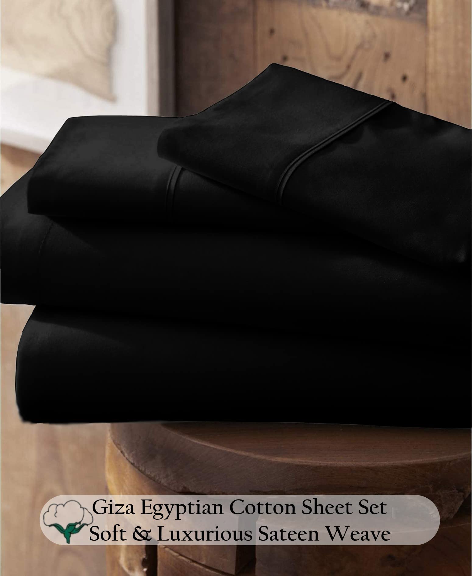 Premium 100% Certified Giza Egyptian Cotton Pillowcase & Sheet Set - RV Short Queen Size, Soft Sateen Weave, Breathable Fabric for All Seasons - Fits Up to 15-Inch Deep Pockets (Black) - Perfect for RVs, Campers, and Cozy Bedrooms