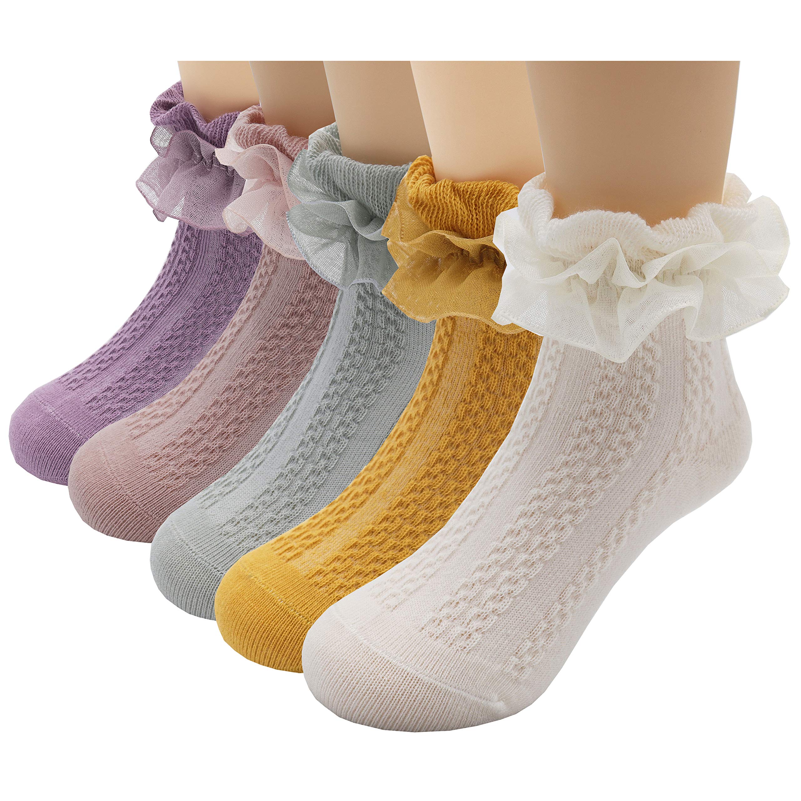 Little Girls Ruffle Lace Trim Cotton Socks - Toddler Baby Girl Eyelet Frilly Dress Socks for Party, Wedding & Special Occasions