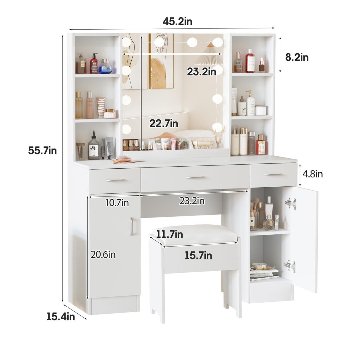 Vabches Lighted Vanity Mirror Makeup Desk Set with Comfortable Bench & Side Cabinets - 45.2 Inch White Vanity Table with Ample Storage Space | Perfect for Bedroom, Dressing Room & Beauty Salon Organization