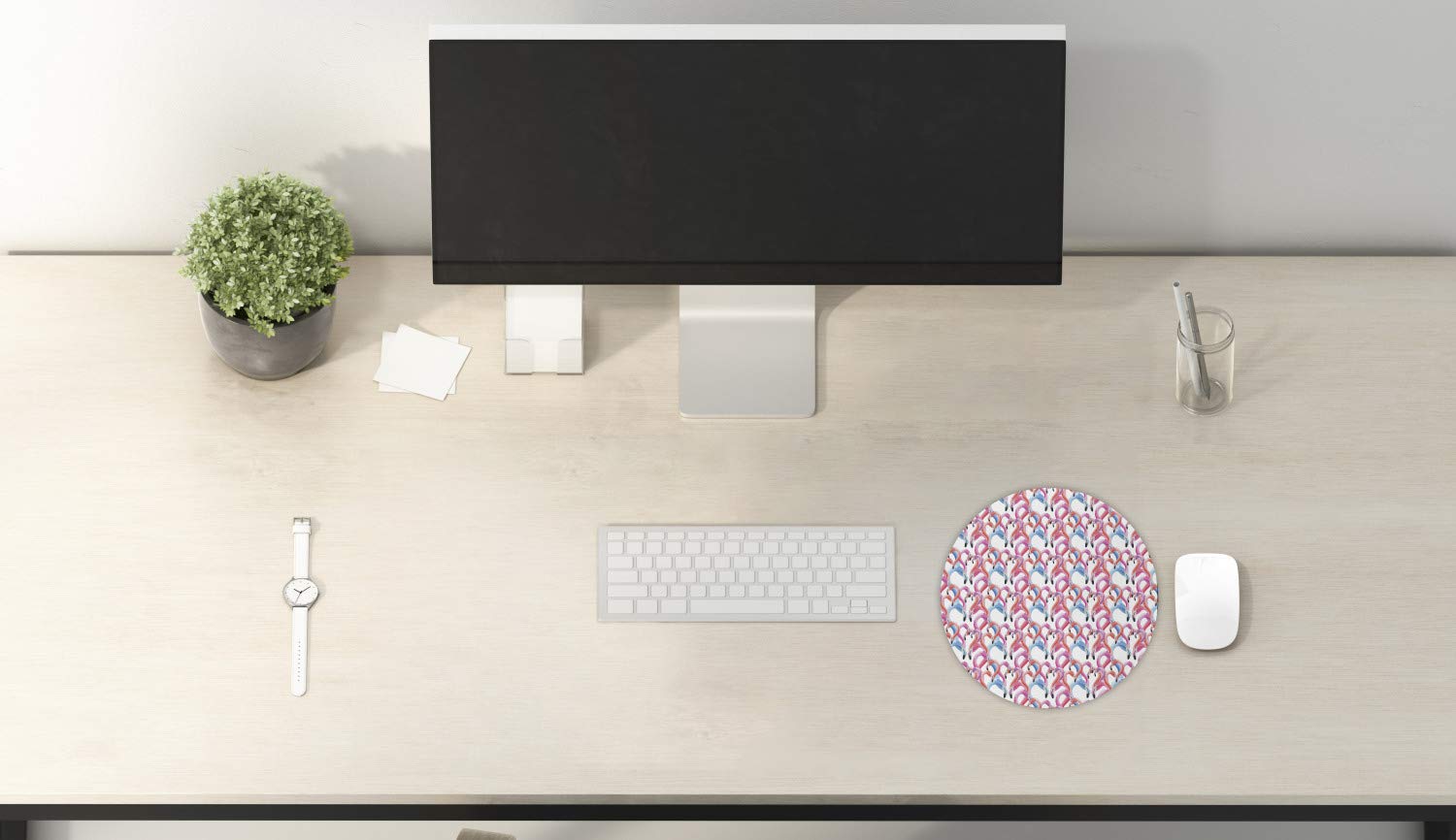 Ambesonne Flamingo Watercolor Mouse Pad - Non-Slip Round Rubber Gaming Mousepad for Computer & Laptop (8