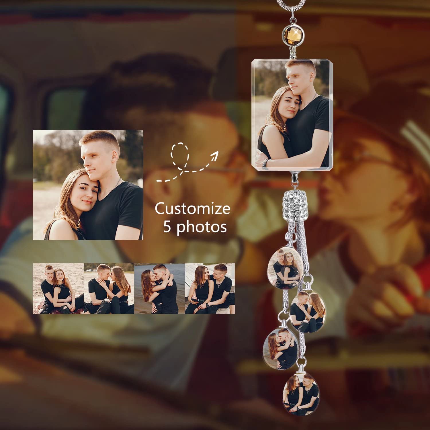 Custom Crystal Diamond Car Rearview Mirror Pendant - Personalized Photo Hanging Decor for Home, Office & Thanksgiving Gifts - Perfect for Interior Decoration & Holiday Presents