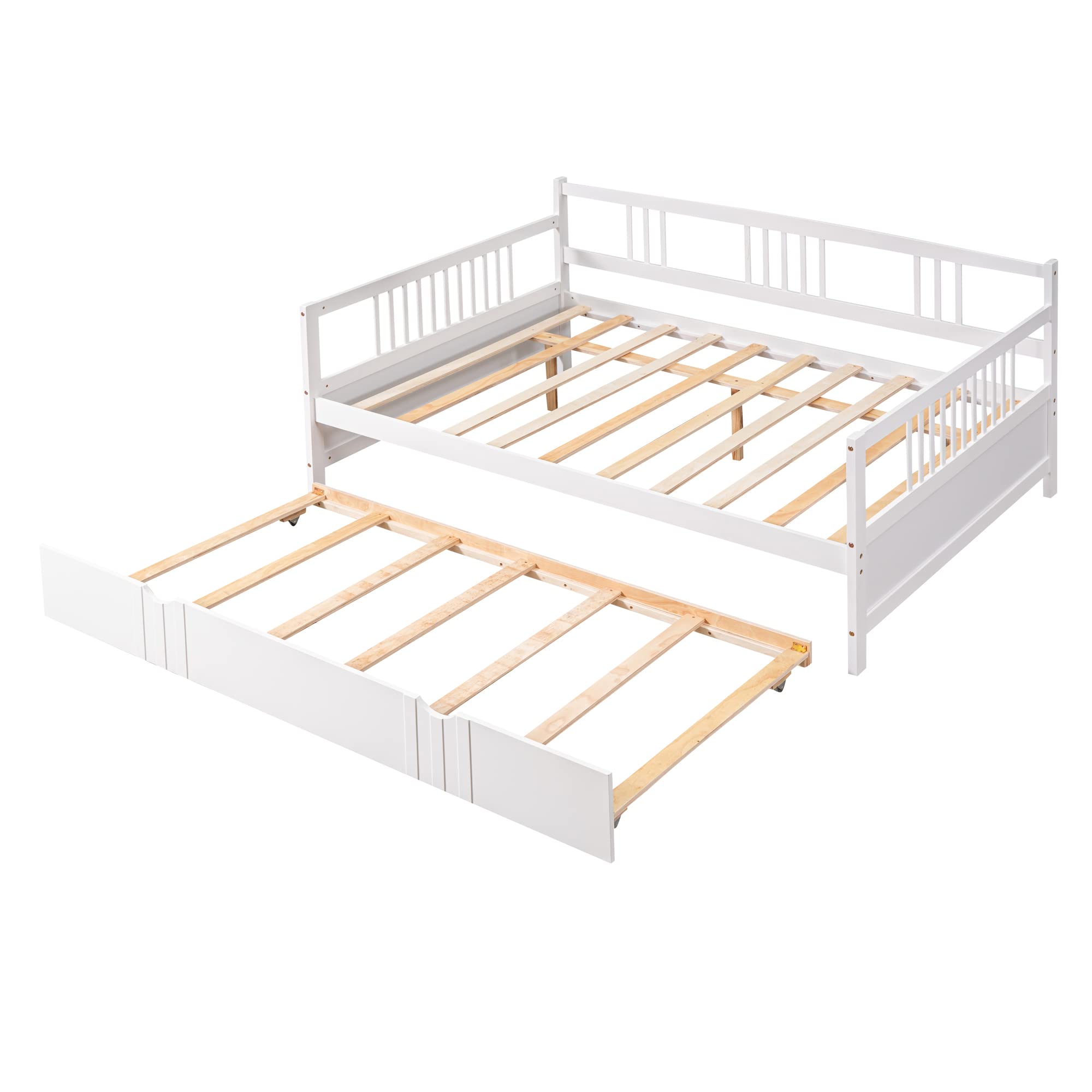 Triple Tree Full Size Wooden Daybed with Twin Trundle - Sturdy Wood Slat Support, No Box Spring Needed - Convertible Sofa Bed for Bedroom, Guest Room & Living Room - Perfect for Sleepovers, Small Spaces & Multi-Functional Furniture Needs (White)