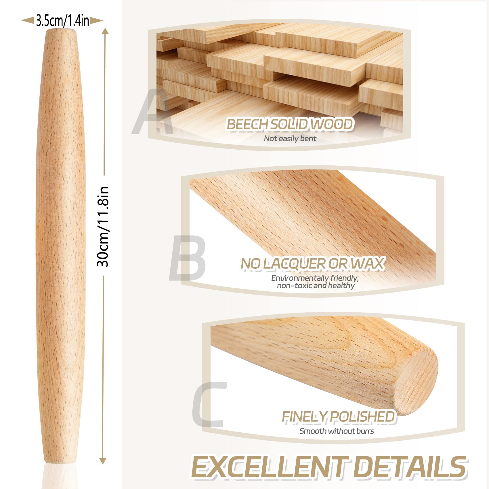 11.8 Inch French Beech Wood Rolling Pin for Baking - Tapered Dough Roller for Pizza, Pie Crust, Cookies, Fondant & Dumplings | Perfect for Home Bakers & Professional Kitchens