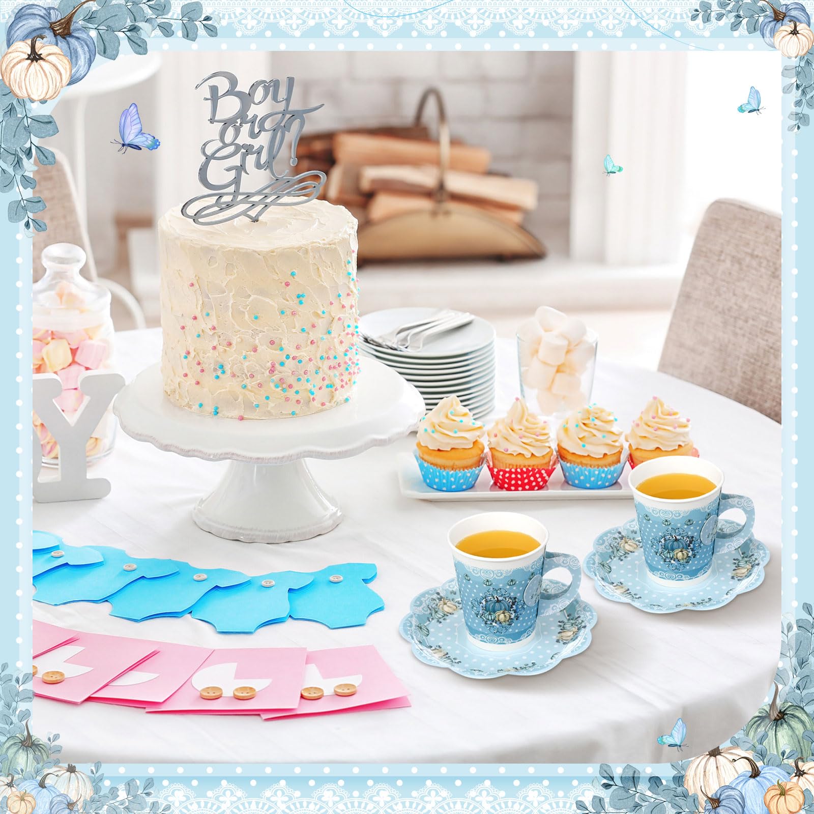 100 Pcs Blue Little Pumpkin Baby Shower & Tea Party Decorations Set - 50 Disposable 9 oz Paper Tea Cups with Handles & 50 Matching Plates - Perfect for Gender Reveal, Birthday Parties & Fall Themed Events