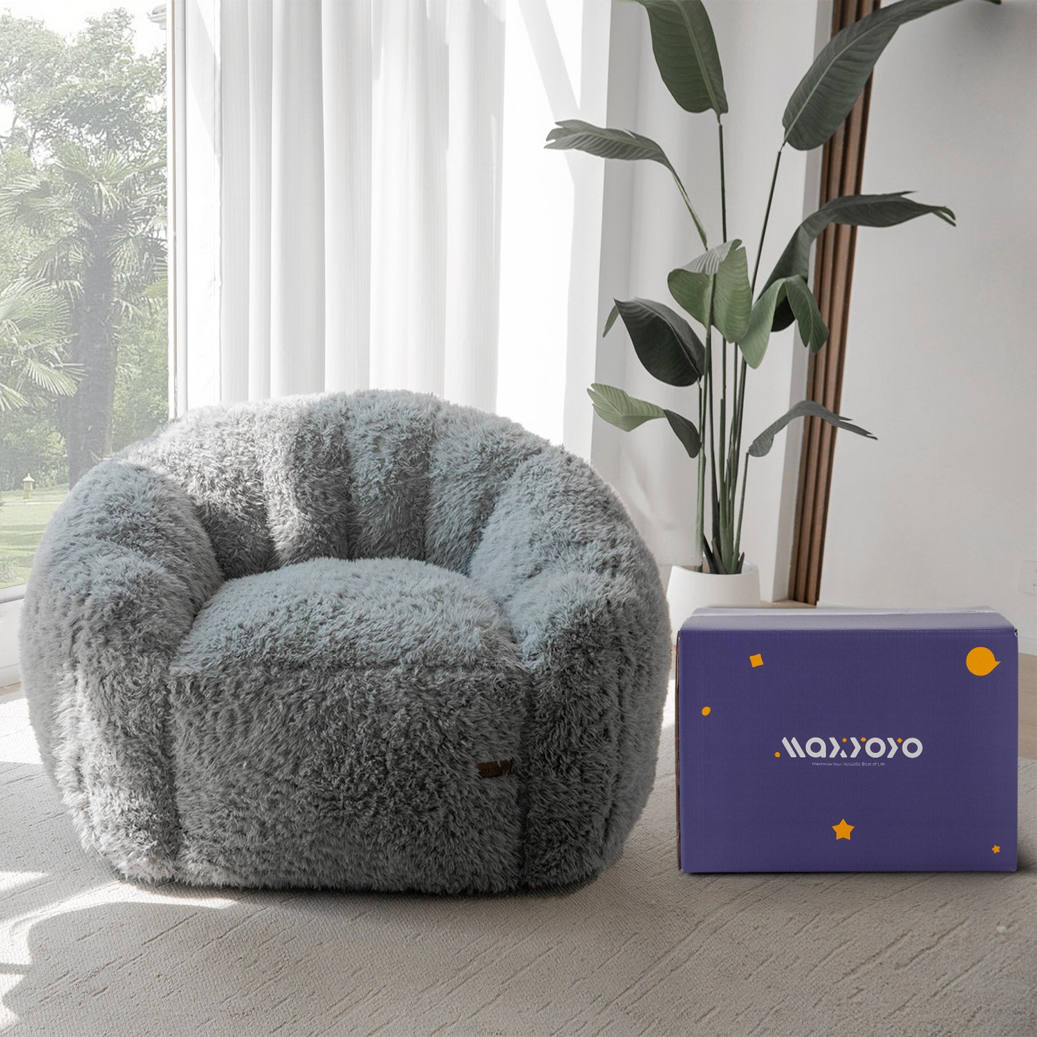 MAXYOYO Giant Bean Bag Chair - Fluffy Shaggy Floor Sofa with Shell Design for Ultimate Comfort, Grey - Perfect for Living Room, Bedroom, Game Room & Dorm Relaxation