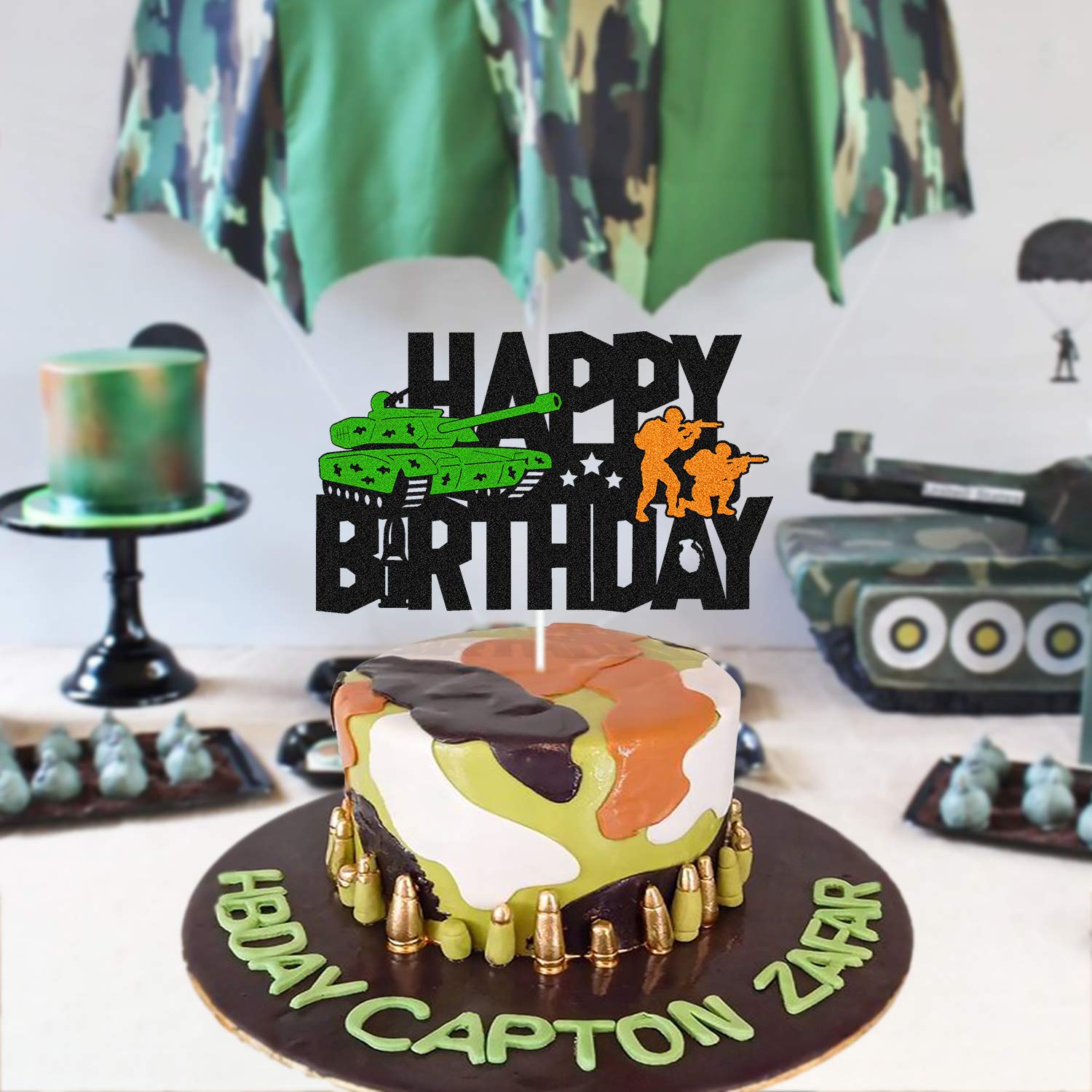 Army Camo Happy Birthday Cake Topper - Double Sided Black Sparkle Tank Decor for Kids, Boys & Girls | Military Soldier Themed Birthday Party Supplies | Perfect for Camouflage Army Themed Celebrations & Cake Decorations