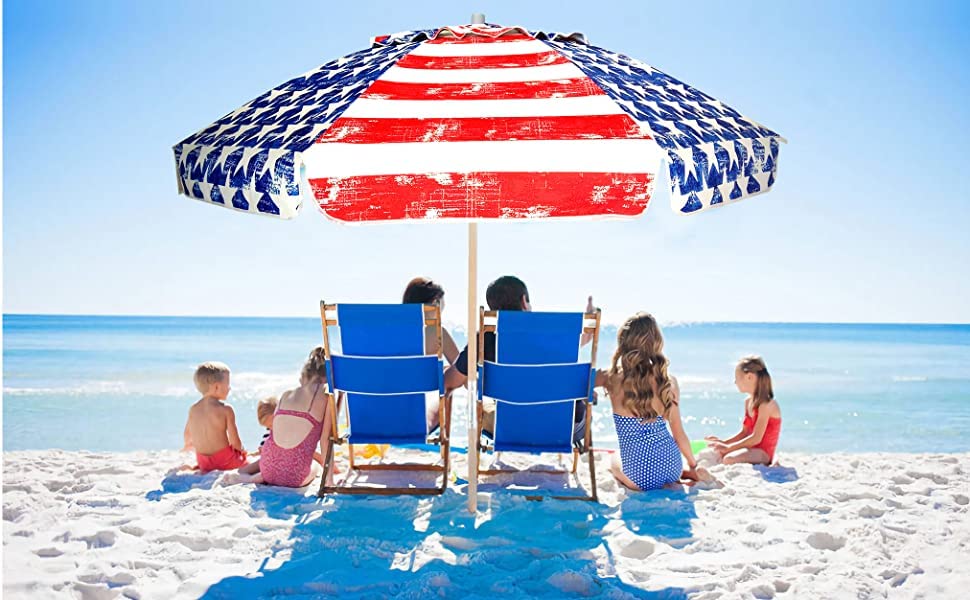 AMMSUN 7.5ft Heavy Duty Commercial Grade Beach Umbrella - High Wind Resistant with Air Vent, Ash Wood Pole & Carry Bag, UPF 50+ Sun Protection (American Flag Design) - Perfect for Beach, Poolside, Patio, and Outdoor Events