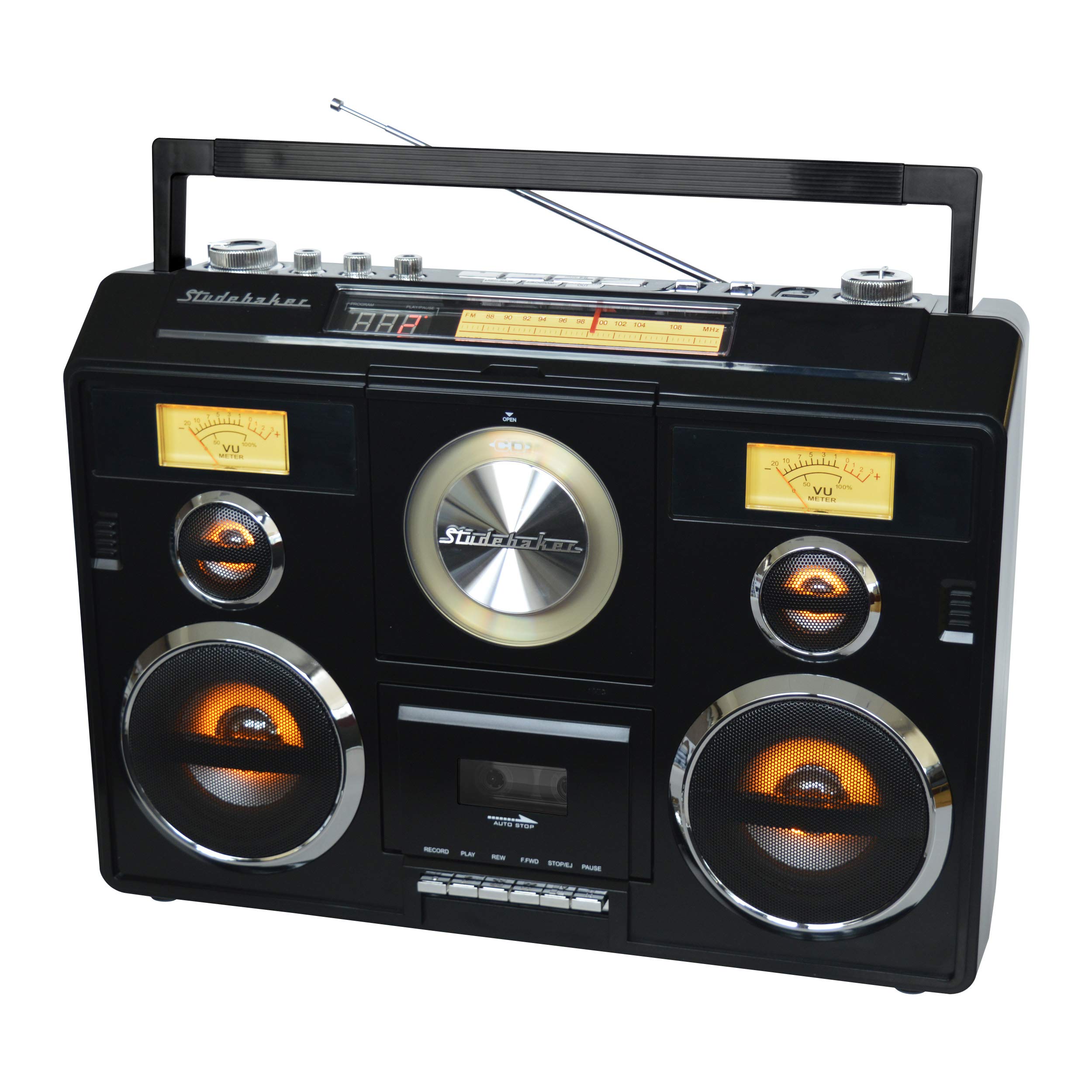 Portable Stereo Sound System with Bluetooth, CD Player, AM/FM Radio & Cassette Recorder - Black | Wireless Music Streaming for Home, Office & Outdoor Parties