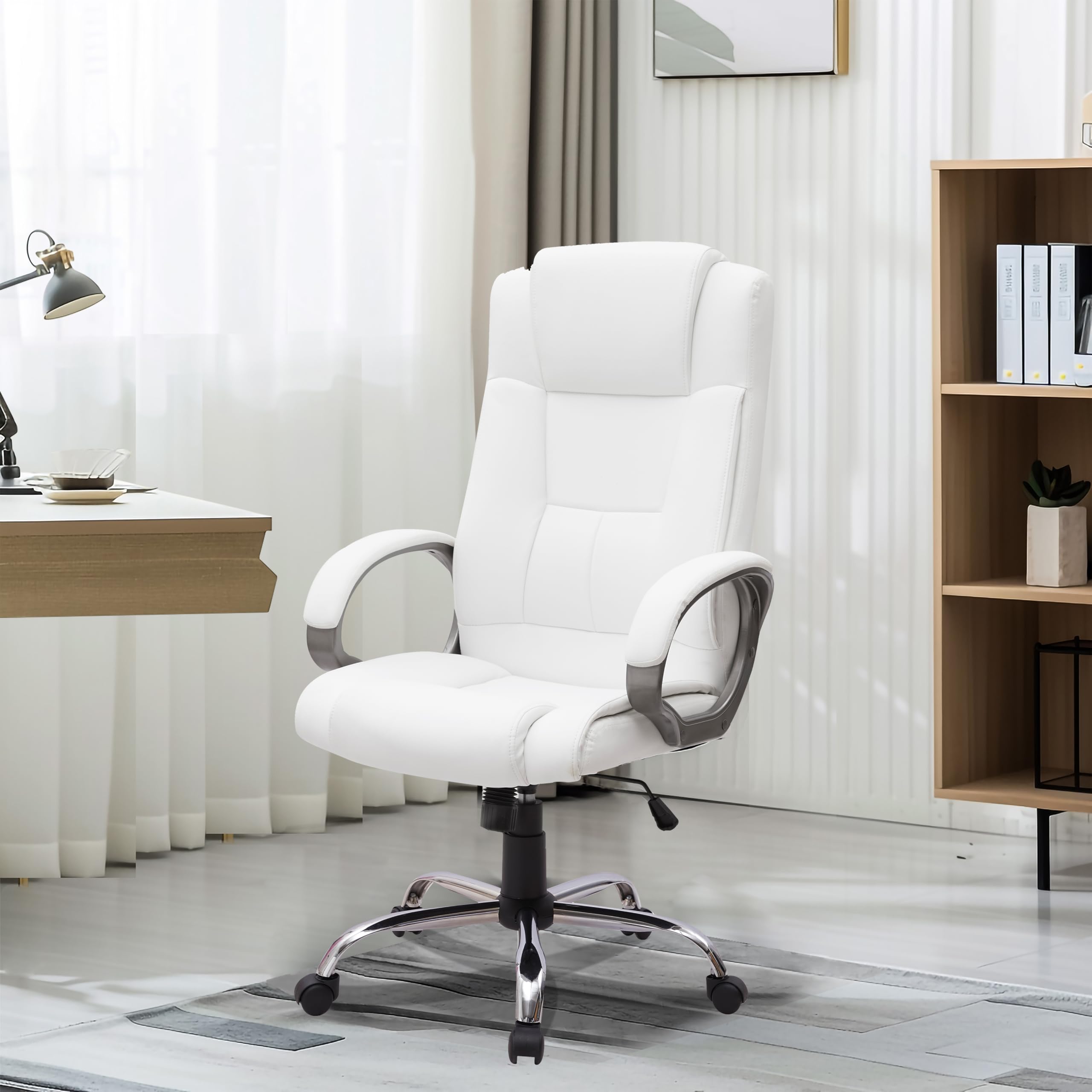 Premium Naomi Home Halle Executive Office Chair - High Back Ergonomic Desk Chair with Adjustable Height, Tilt & 360° Swivel - Lumbar Support & Padded Armrests - White Leather Computer Chair for Home & Office Use - Ideal for Long Work Hours, Gaming & Study Sessions