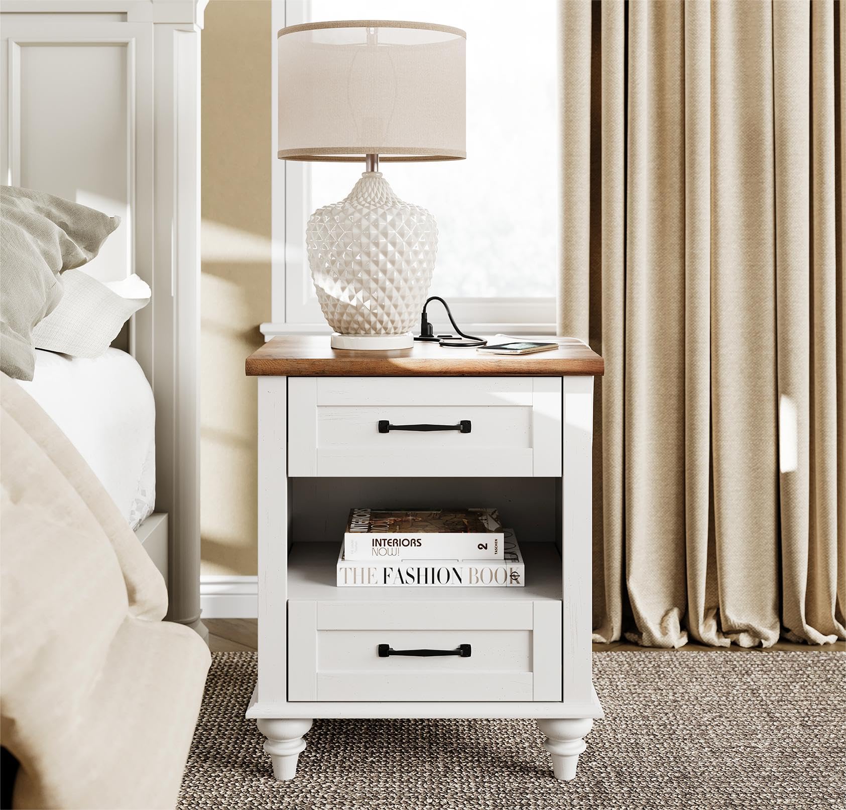 WAMPAT White Nightstand with 2 Drawers & USB Charging Station - Mid Century Modern Bedside Table with Power Outlets & Shelf - Wooden Side Table for Bedroom, Living Room & Office - Antique White Finish - Perfect for Small Spaces & Device Charging