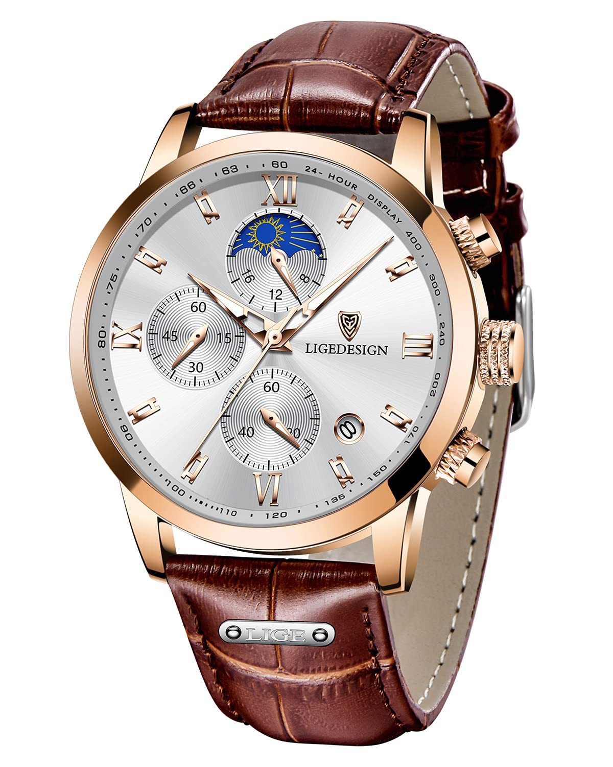 LIGE Stylish Men's Waterproof Sports Watch - Moon Phase Chronograph, Luxury Business Dress Analog Quartz Watch, Fashion Casual Brown Leather Strap, Perfect for Office, Dating & Outdoor Activities