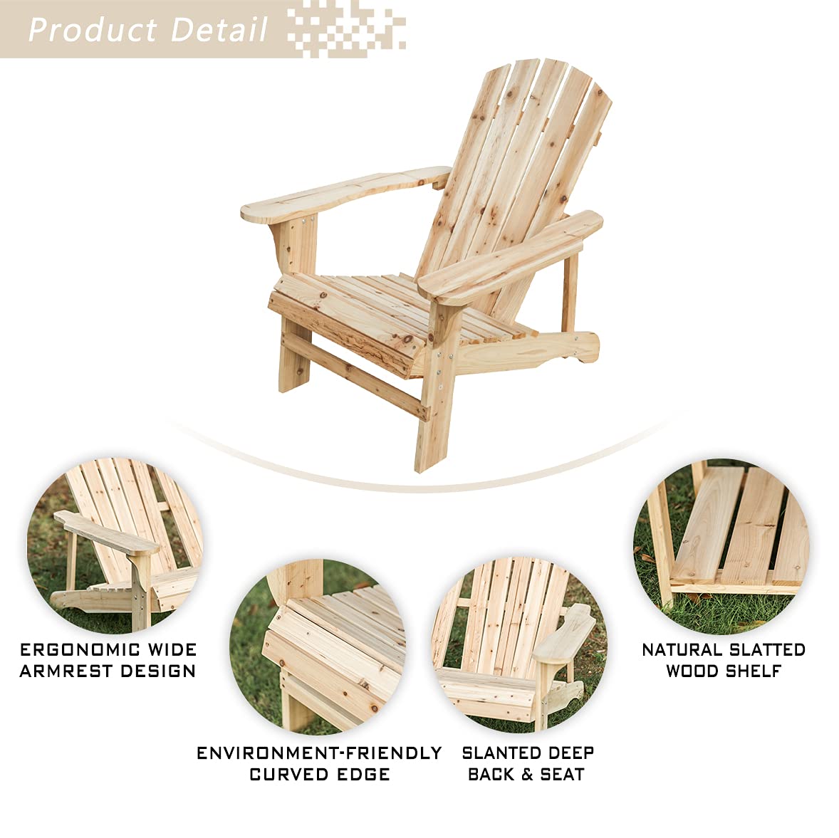 Rustic Style Wooden Adirondack Chair - Outdoor Patio Furniture for Lawn, Porch & Deck - Natural Finish - Perfect for Relaxing in Your Garden or Backyard