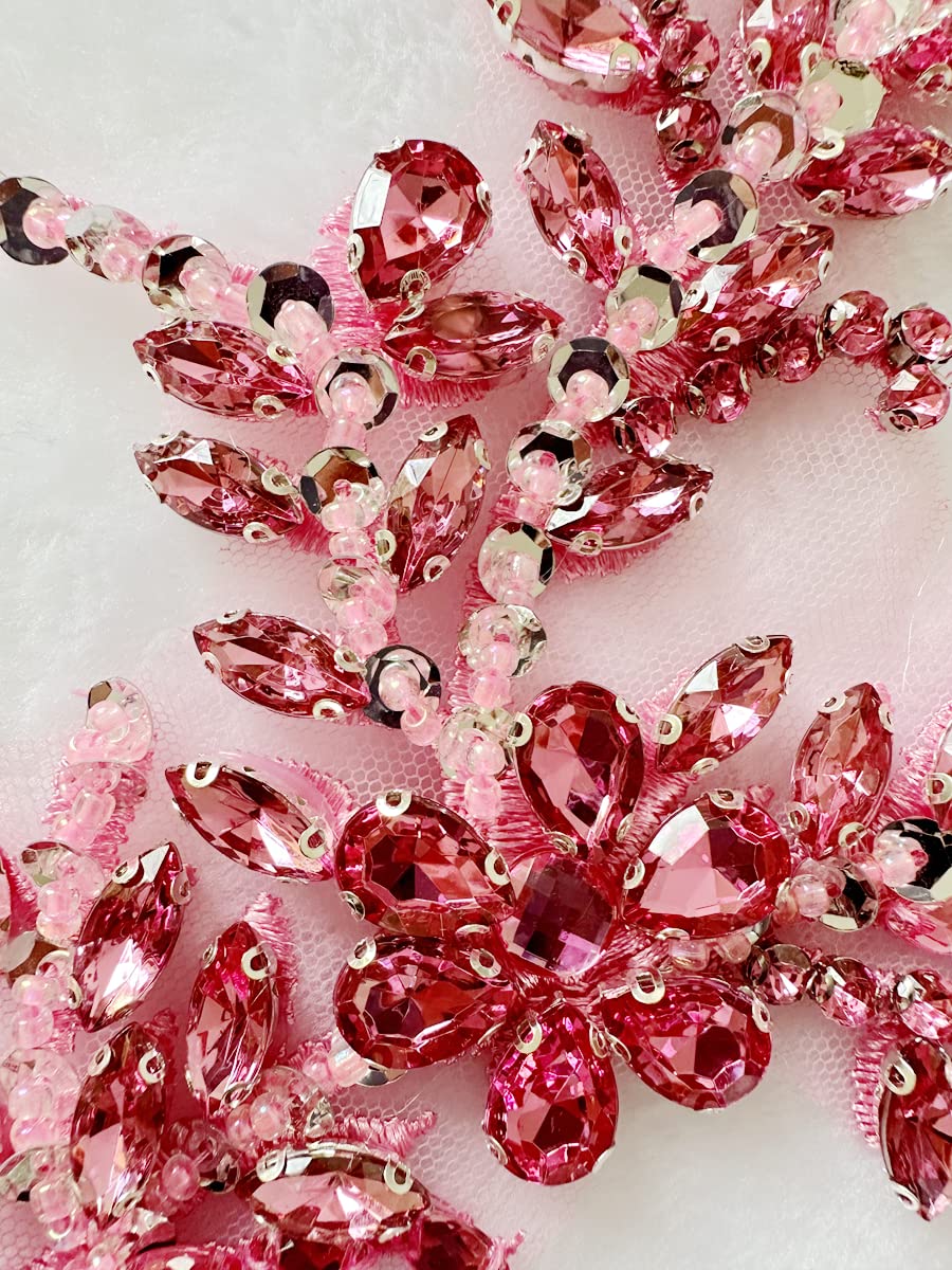 Handmade Rhinestone Lace Trim Patches with Beads Applique for DIY Dress Accessories - Perfect for Wedding, Prom, Costume & Home Decor (Pink)