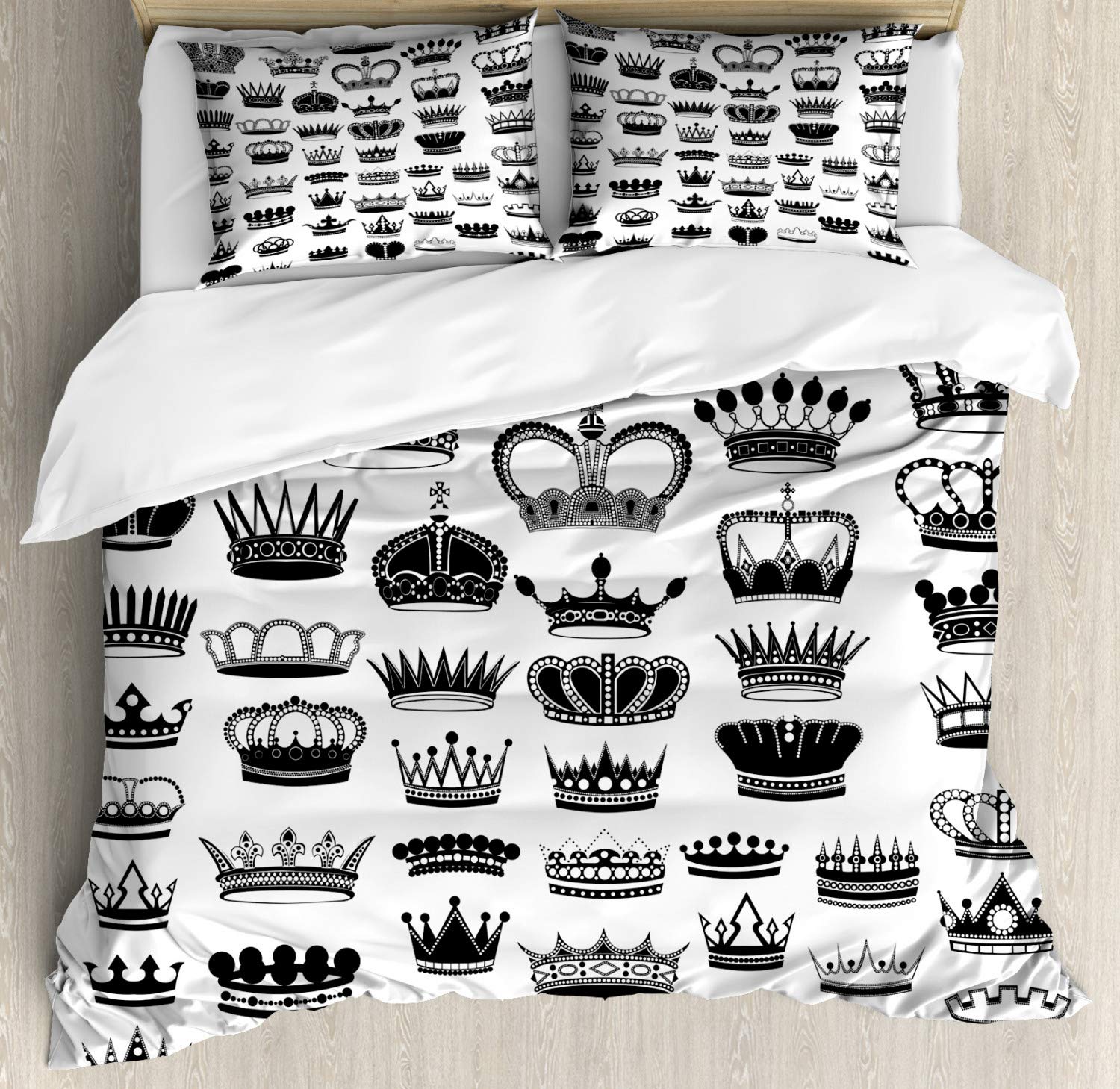 Ambesonne Queen Duvet Cover Set - Vintage Crown Silhouette Design, 3-Piece Luxury Bedding with 2 Pillow Shams, Black & White California King Size | Perfect for Royal-Themed Bedrooms, Gothic Decor & Vintage Home Styling