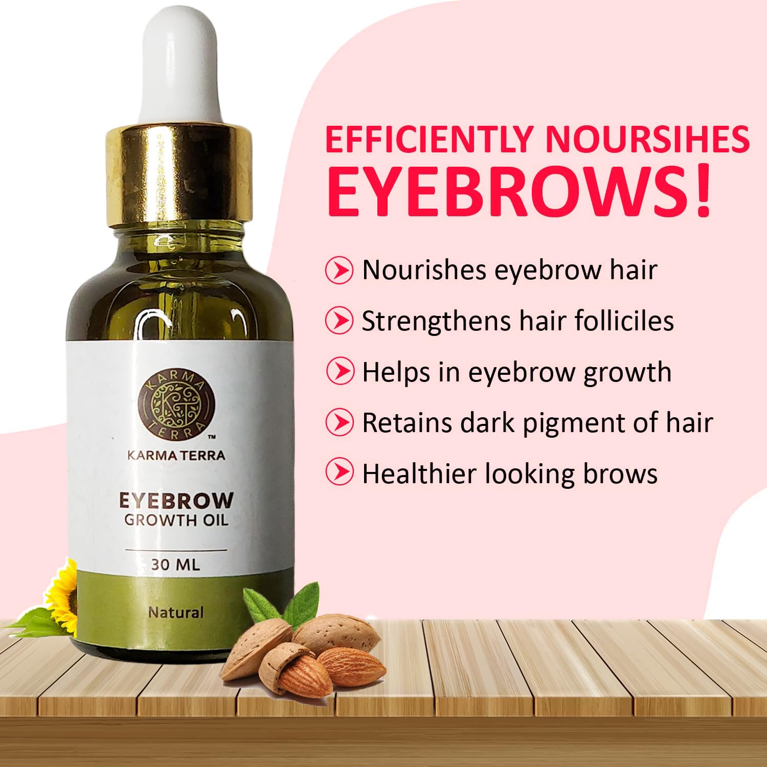 Organic Karma Terra Eyebrow Growth Oil with Coconut & Castor Oil - Natural Thickening Serum for Fuller Brows, 30ml - Perfect for Daily Eyebrow Care & Styling