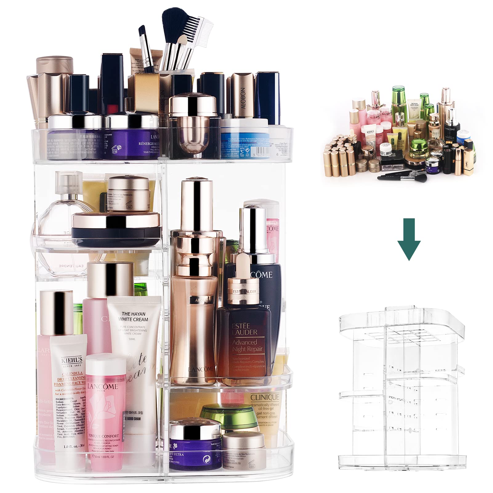 CONNOO 360° Rotating Makeup Organizer with Adjustable Carousel Rack | Large Capacity Cosmetic Storage for Vanity, Bathroom & Bedroom | Square Shape Beauty Organizer for Makeup Brushes, Lipsticks & Skincare Products