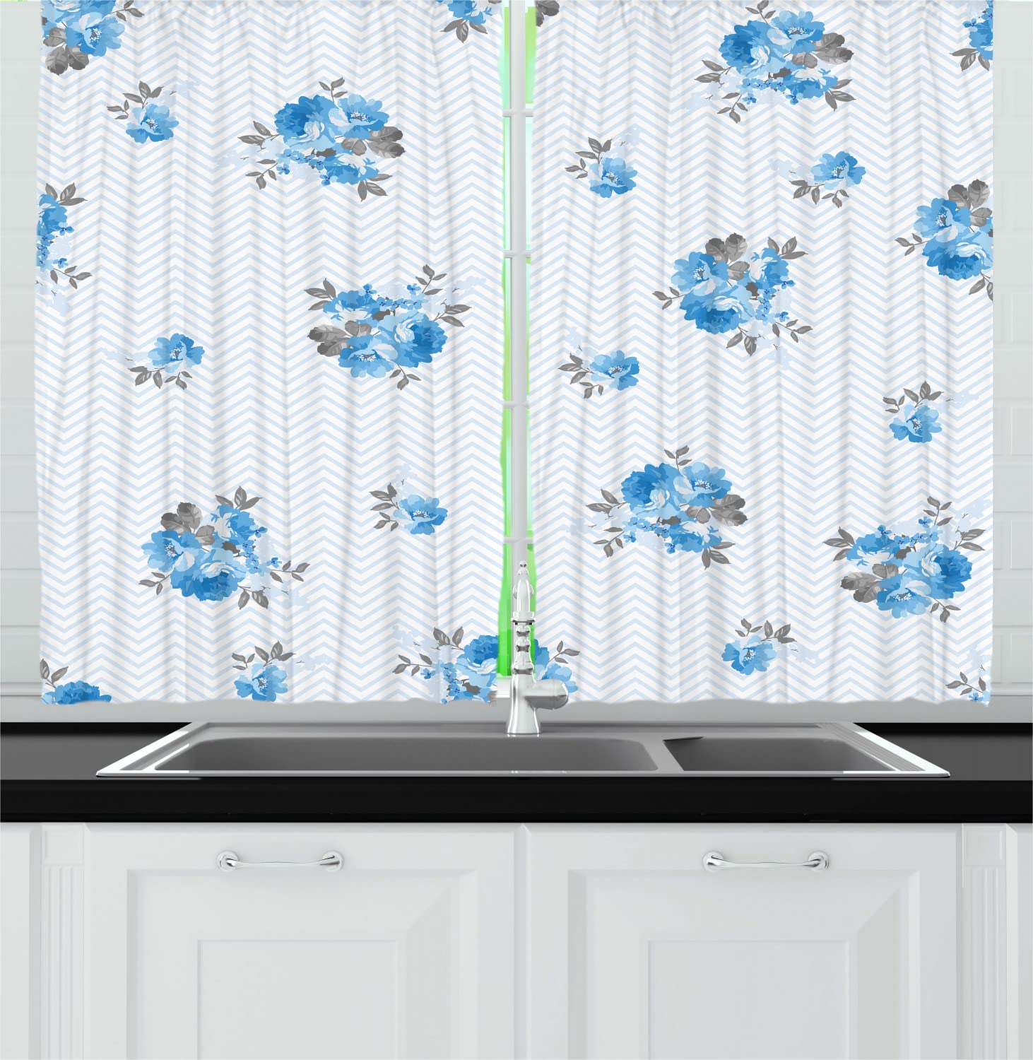Ambesonne Blue Rose Floral Kitchen Curtains - 55