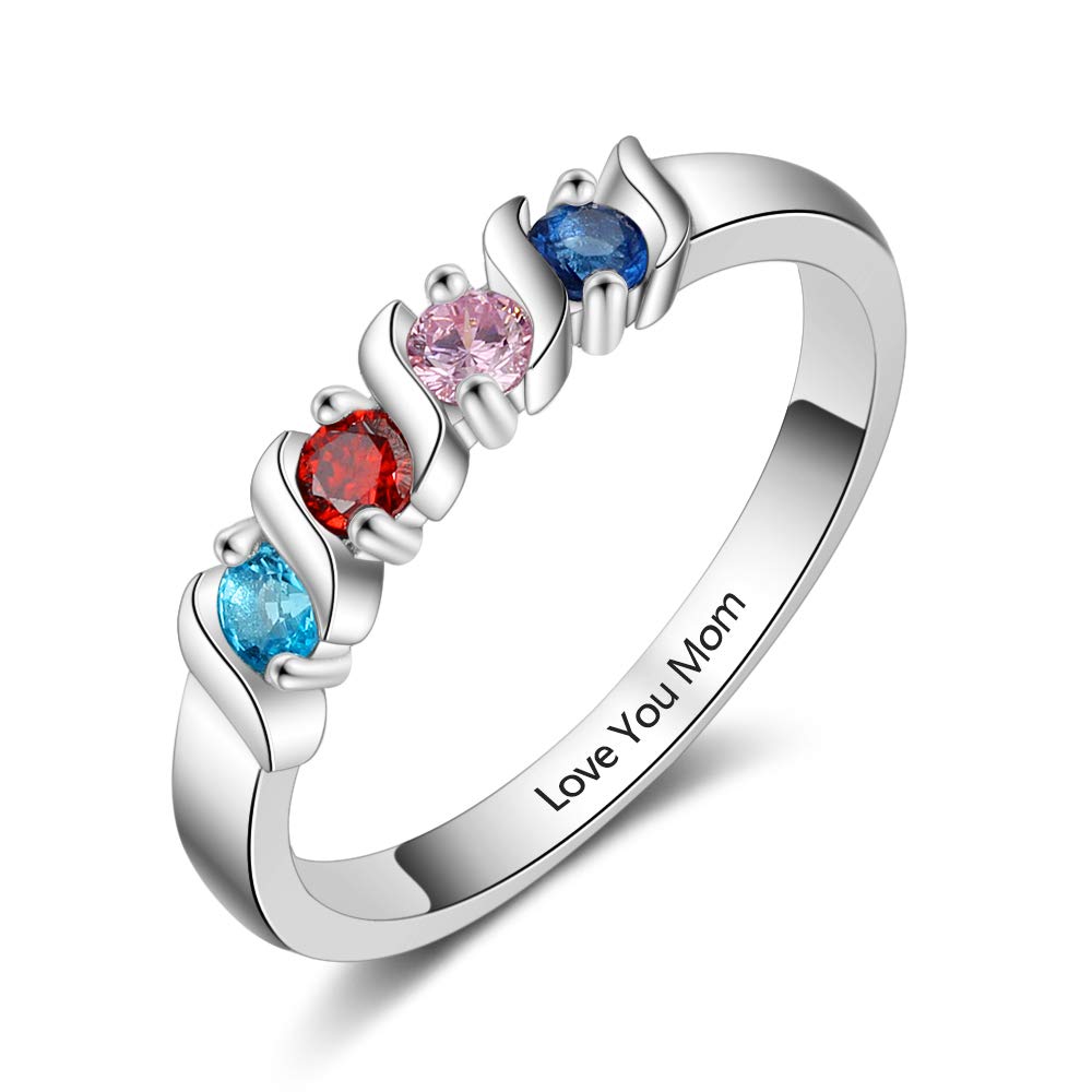 Personalized Grandma Rings with 4 Simulated Birthstones - Custom Engraved Family Jewelry for Women - Perfect for Mother's Day, Anniversary & Family Gifts