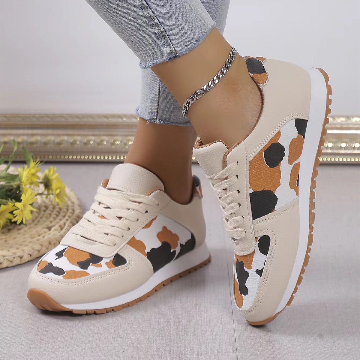 Women's Fashion Leopard Print Lace-Up Sneakers - Casual Running Walking Shoes for Women - Perfect for Gym, Workout, and Everyday Wear