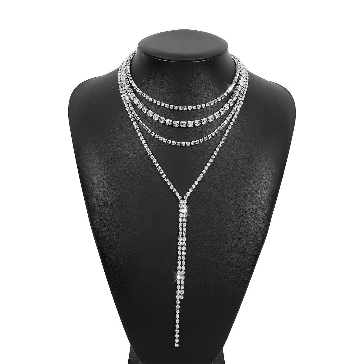 Missgrace 4 Tier Sexy Shiny Layered Y Long Choker Necklaces - Rhinestone Crystal Chain Sparkly Statement Necklace for Women - Perfect for Parties, Weddings, Date Nights & Special Occasions