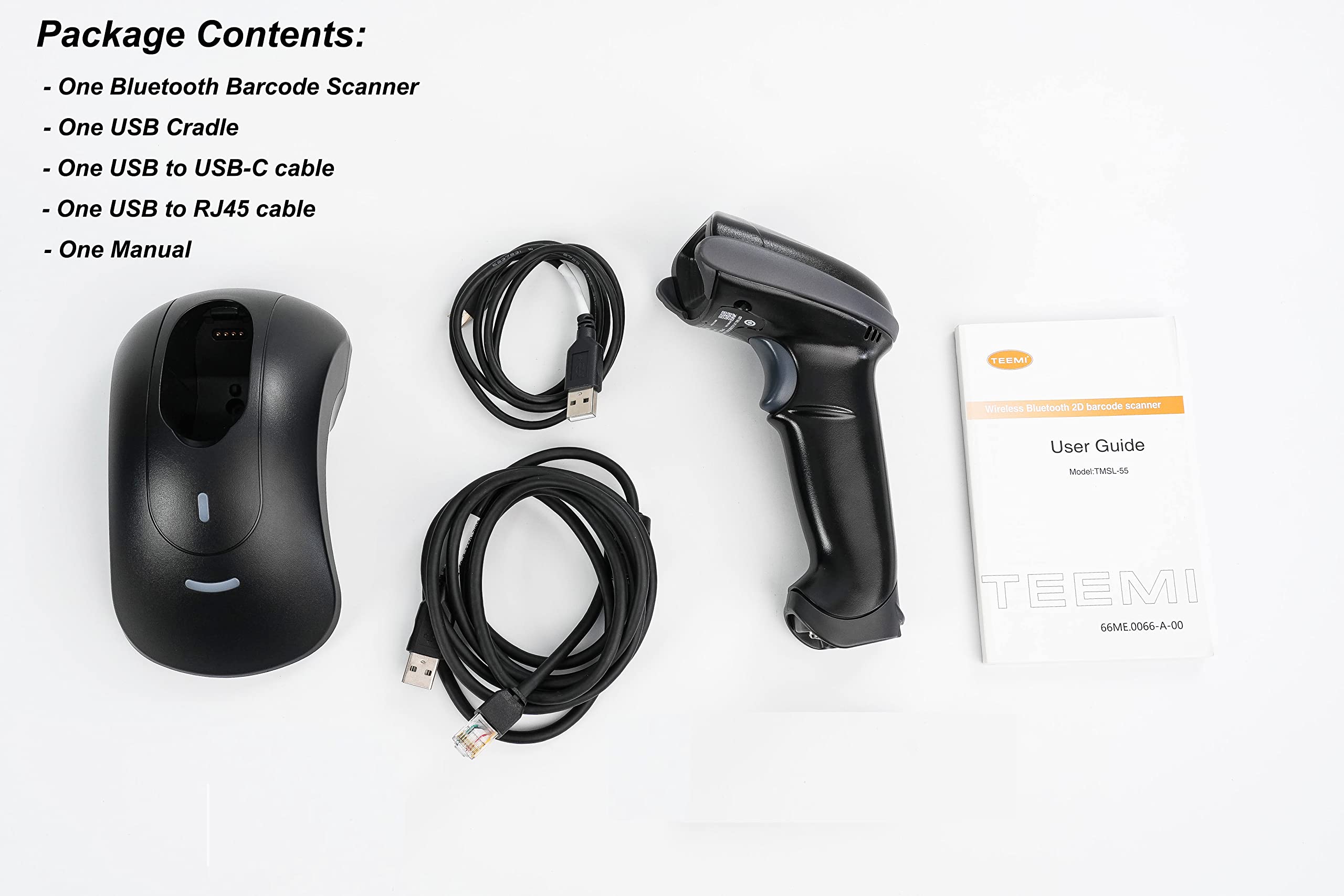TEEMI Wireless Bluetooth Barcode Scanner - QR & Barcode Reader with USB Cradle, Replaceable Battery, Hands-Free Auto Scanning & Advanced Data Parsing for Retail, Warehouse, and Inventory Management